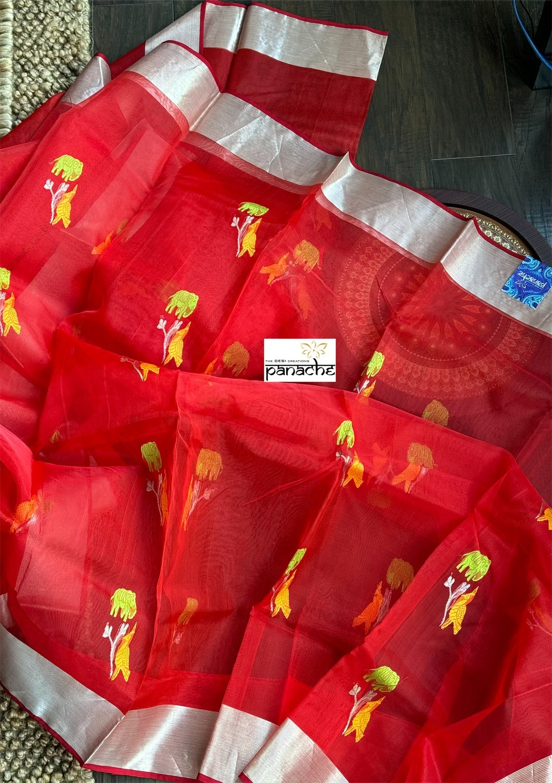 Pure Chanderi Organza Silk - Red Silver Zari