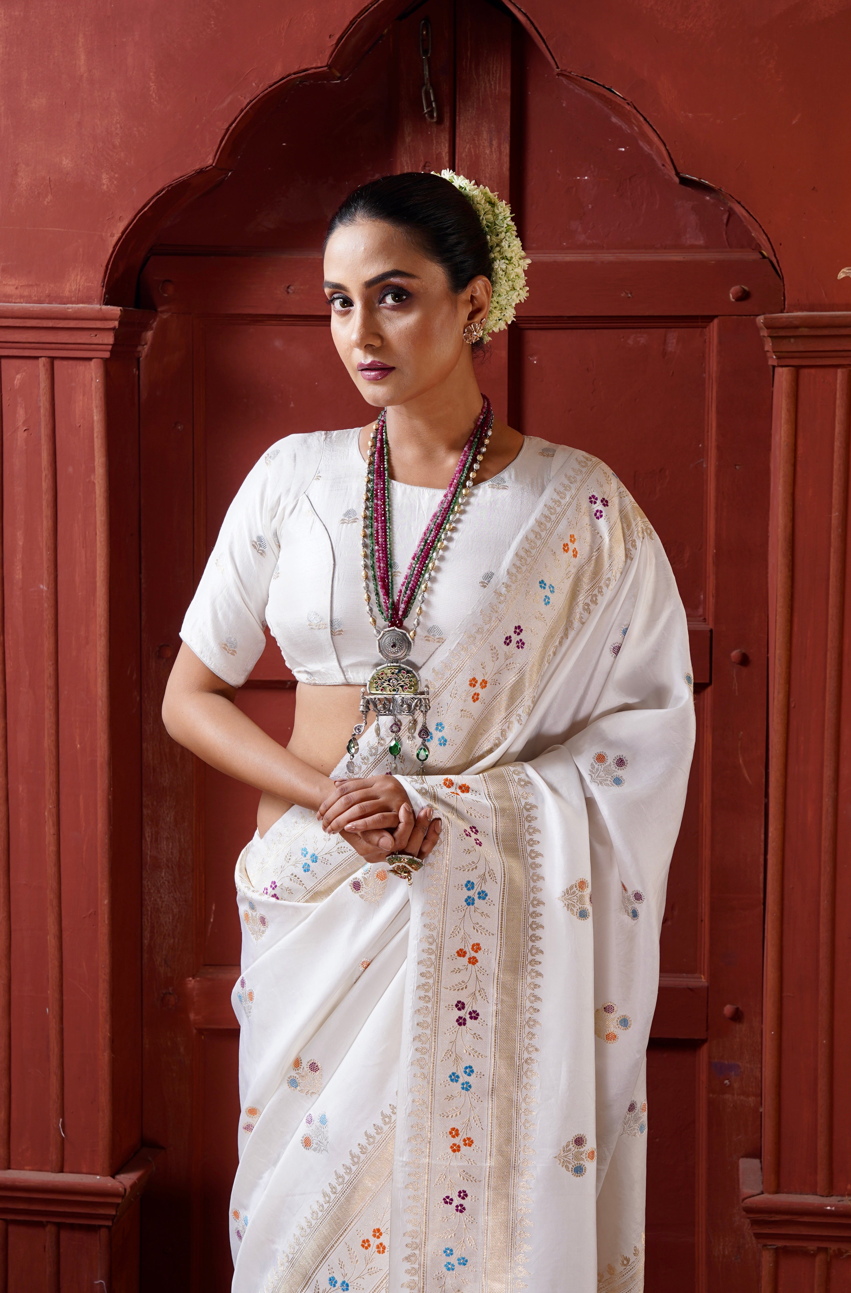 Pure Katan Silk Kadhua Banarasi - White antique Zari