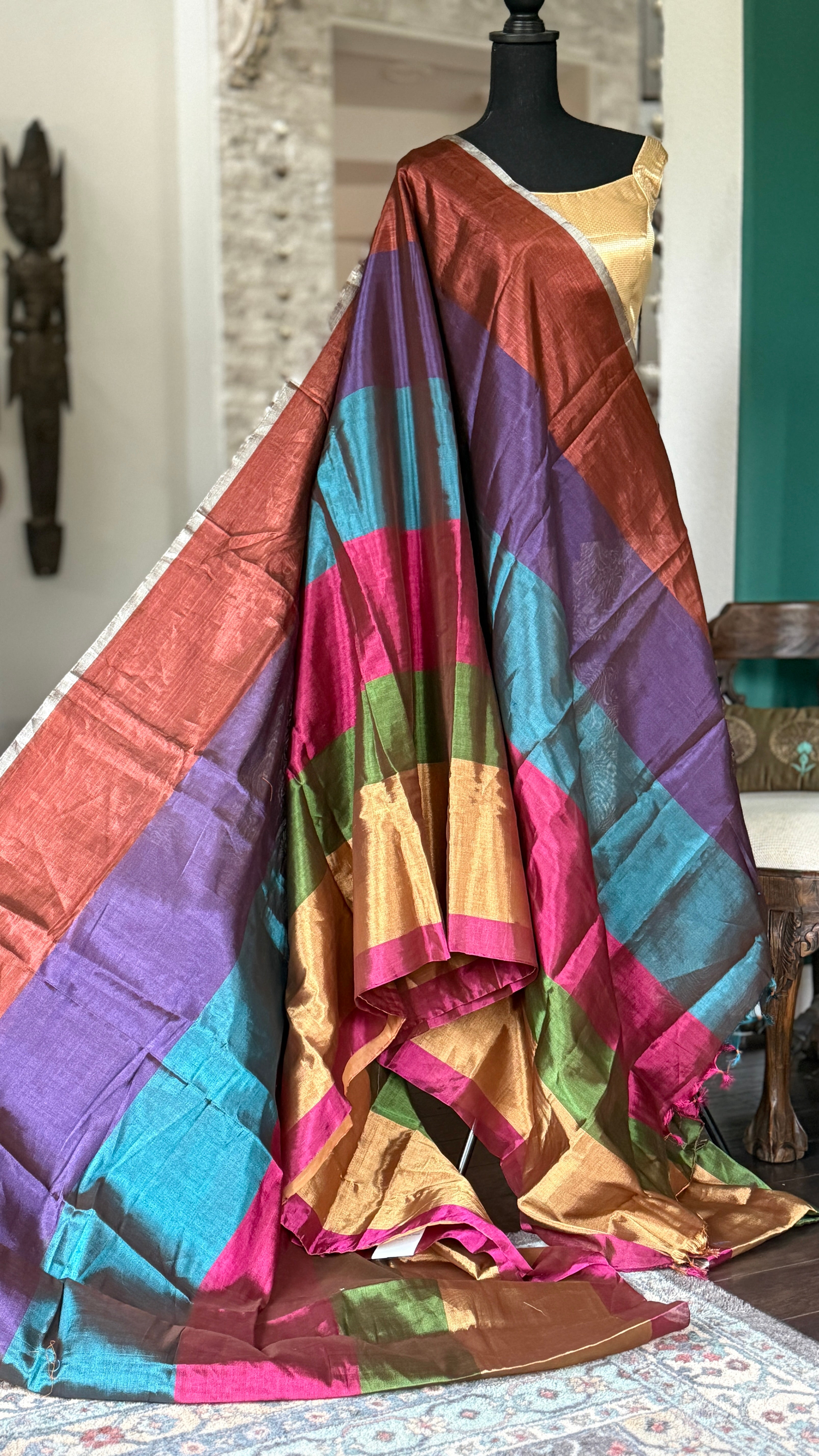 Chanderi Tissue Silk - Multi Color woven Rangkat