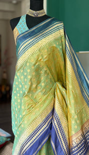 Organza Katan Silk Banarasi -  Pista Green Blue Kadwa
