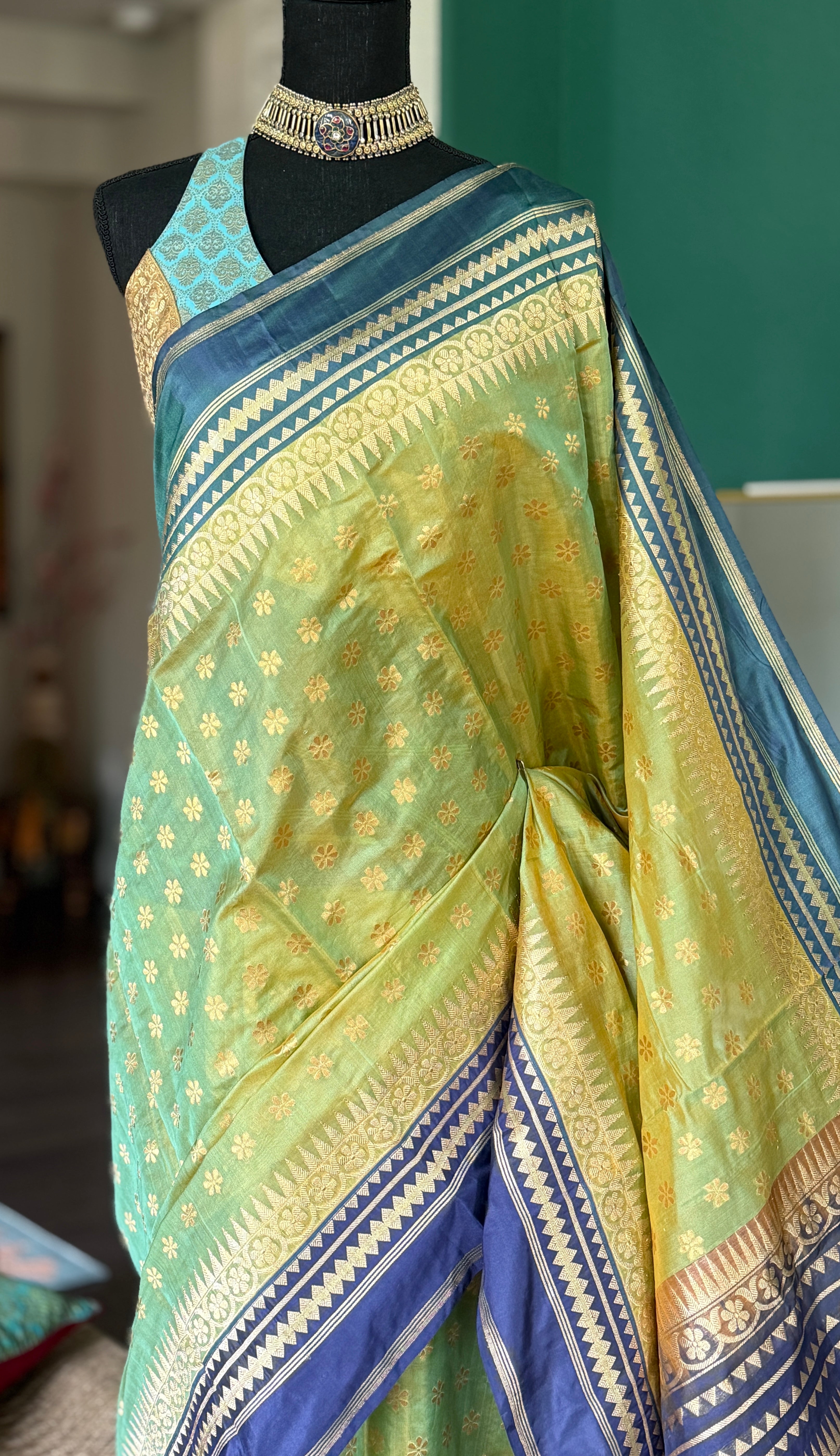 Organza Katan Silk Banarasi -  Pista Green Blue Kadwa