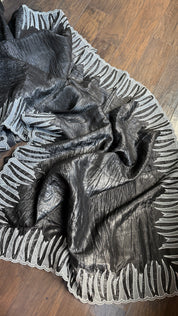 Designer Crushed Tissue Silk - Slate Black Appliqué Embroidered