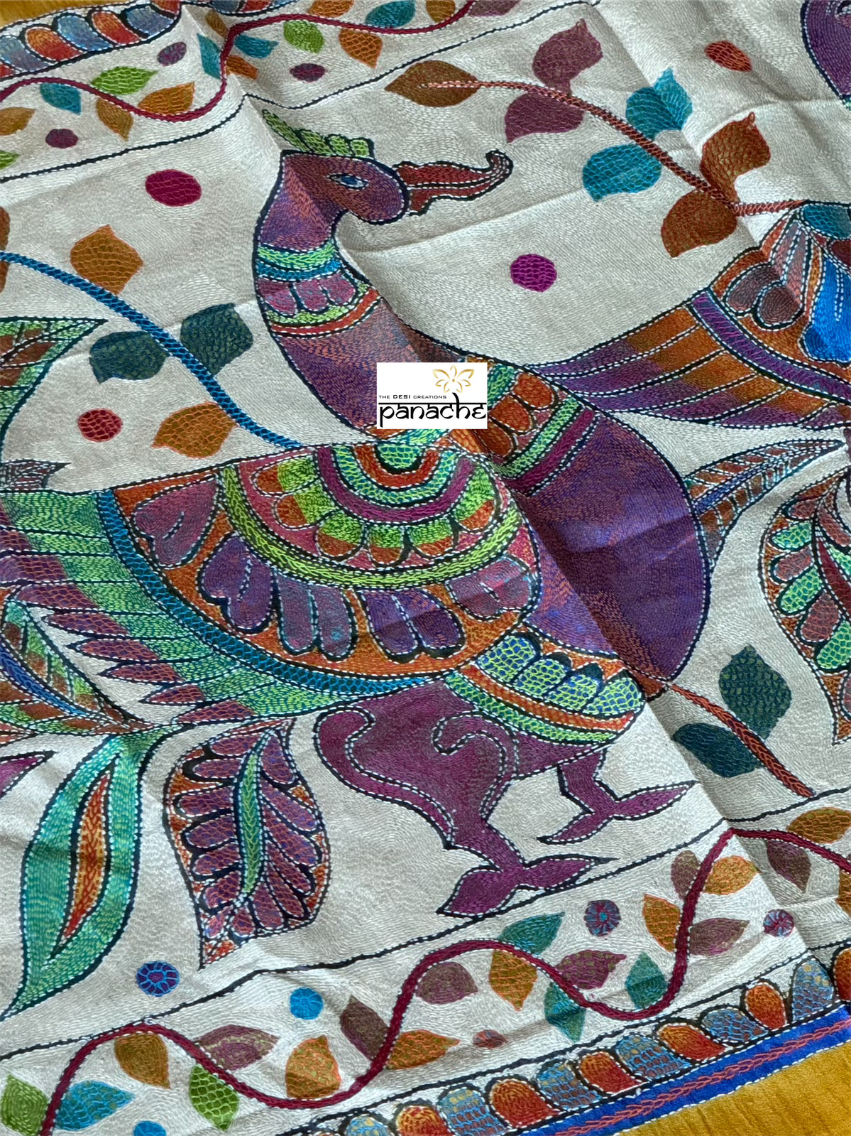 Pure Tussar Silk Sujni Kantha Stitch -  Yellow Peacock