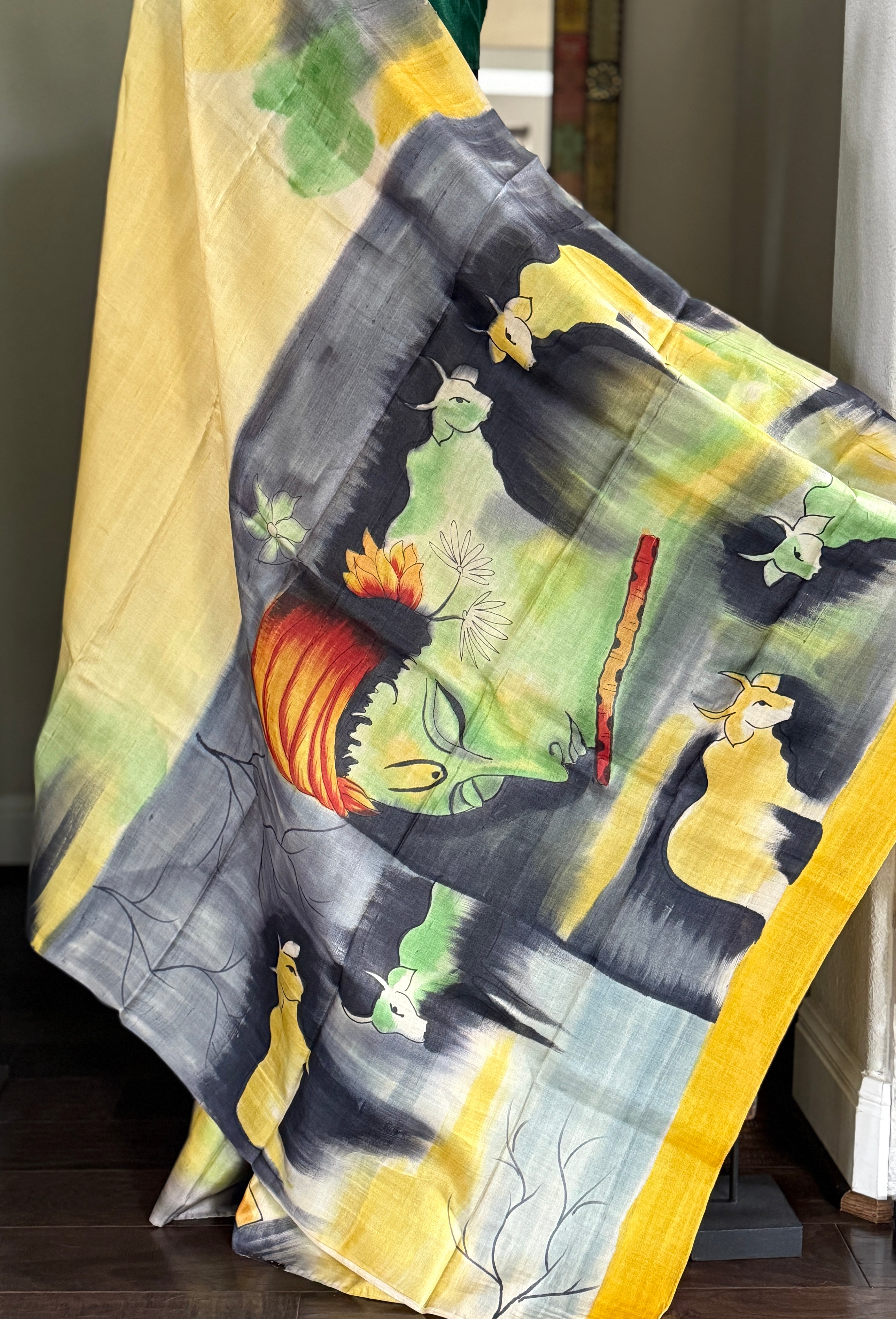Pure Tussar Silk - Light Lemon Yellow Hand Painted
