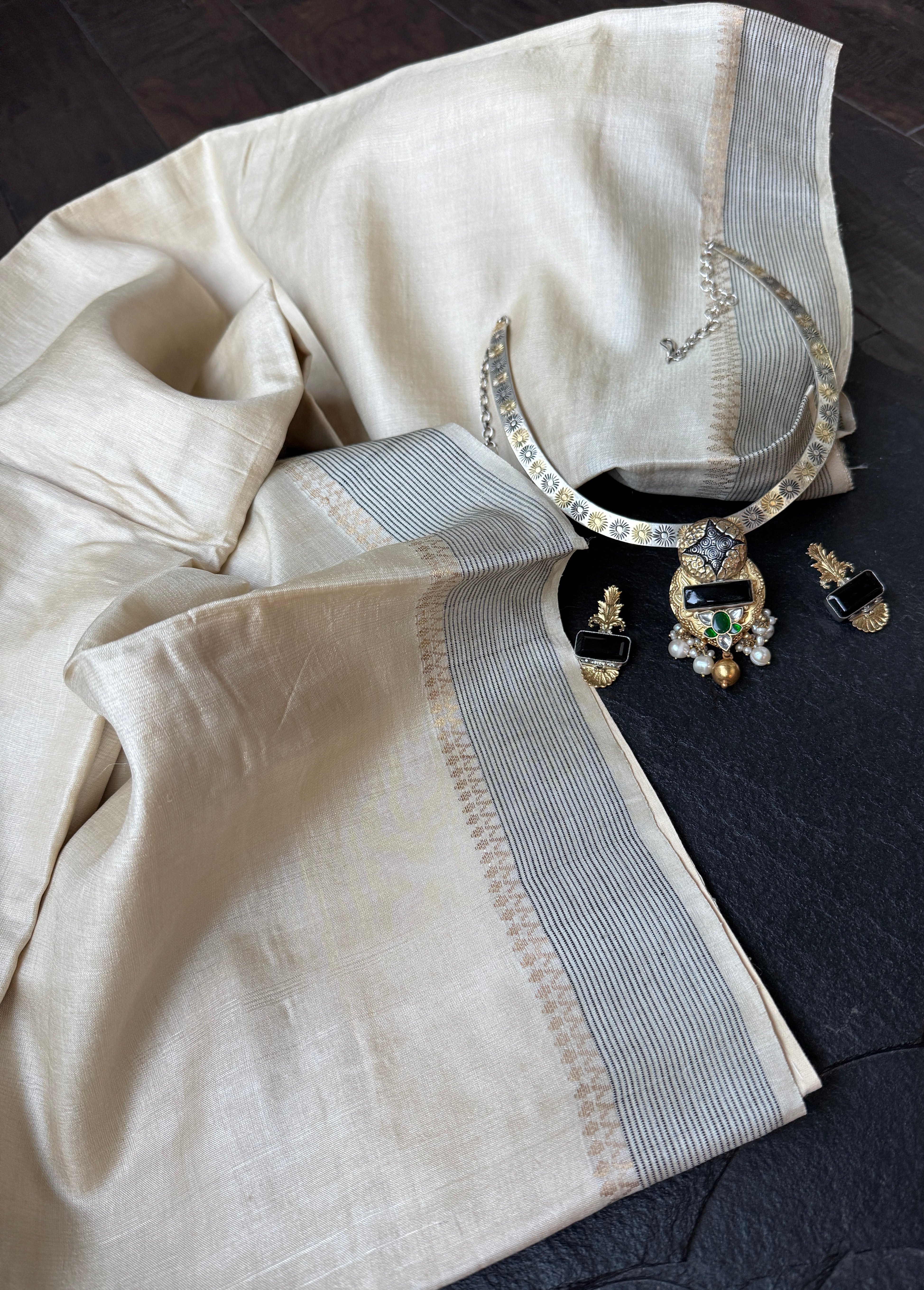 Pure Tussar Silk - Beige Black