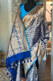 Brocade Pure Silk Banarasi - Blue Antique Golden Zari