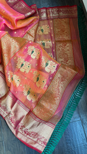 Chanderi Organza Silk - Pink Orange Dual shaded