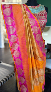 Pure Silk Brocade Banarasi - Mustard Yellow Orange Khadhua Woven