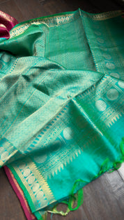 Raw Silk Banarasi - Magenta Sea Green