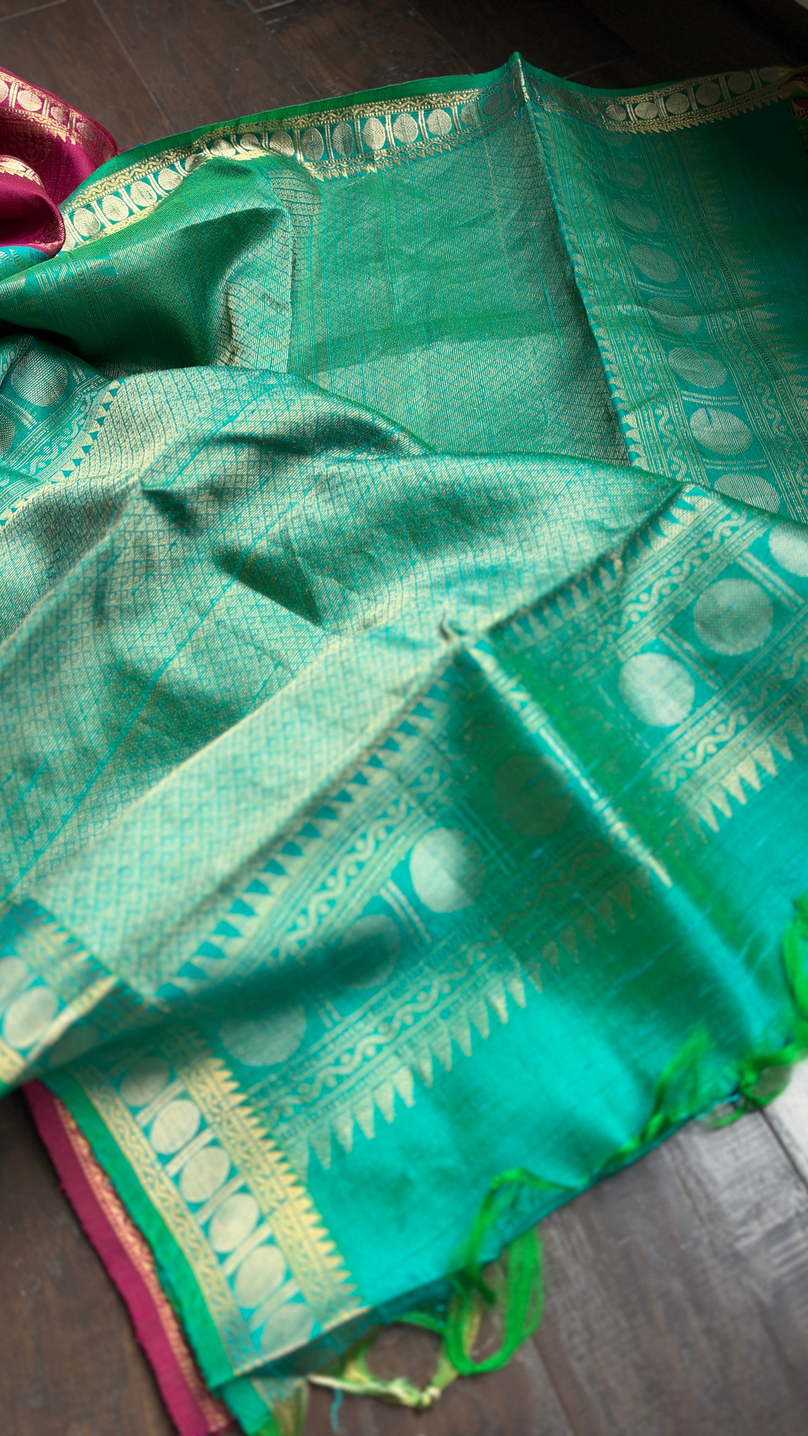 Raw Silk Banarasi - Magenta Sea Green