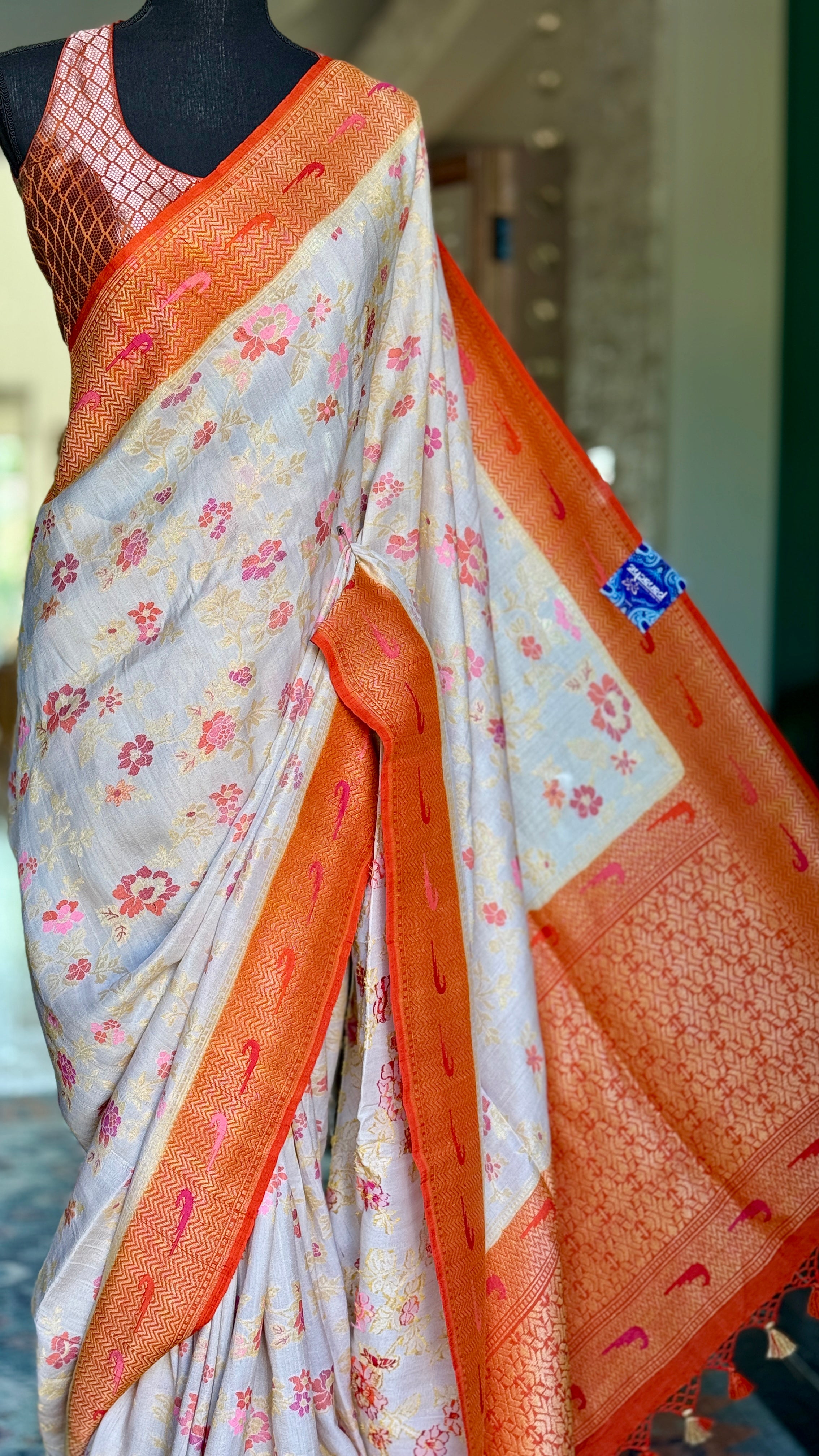 Khaddi Tussar Banarasi - Tilfi woven Beige Orange Multi Meenakari