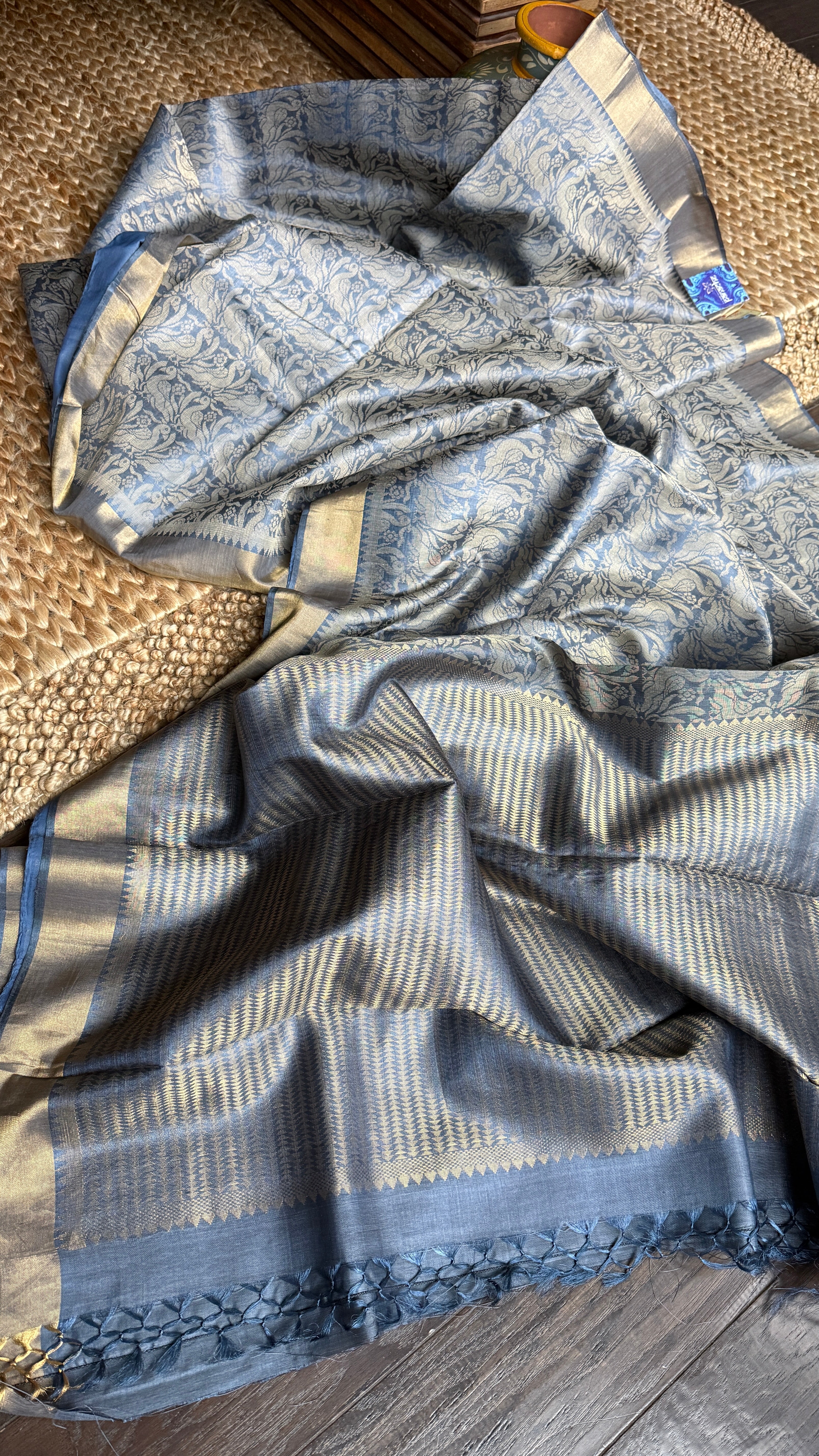Tussar Silk - Steel Grey Resham Woven