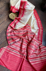 Pure Tussar Silk - Beige Red Ikat Palla
