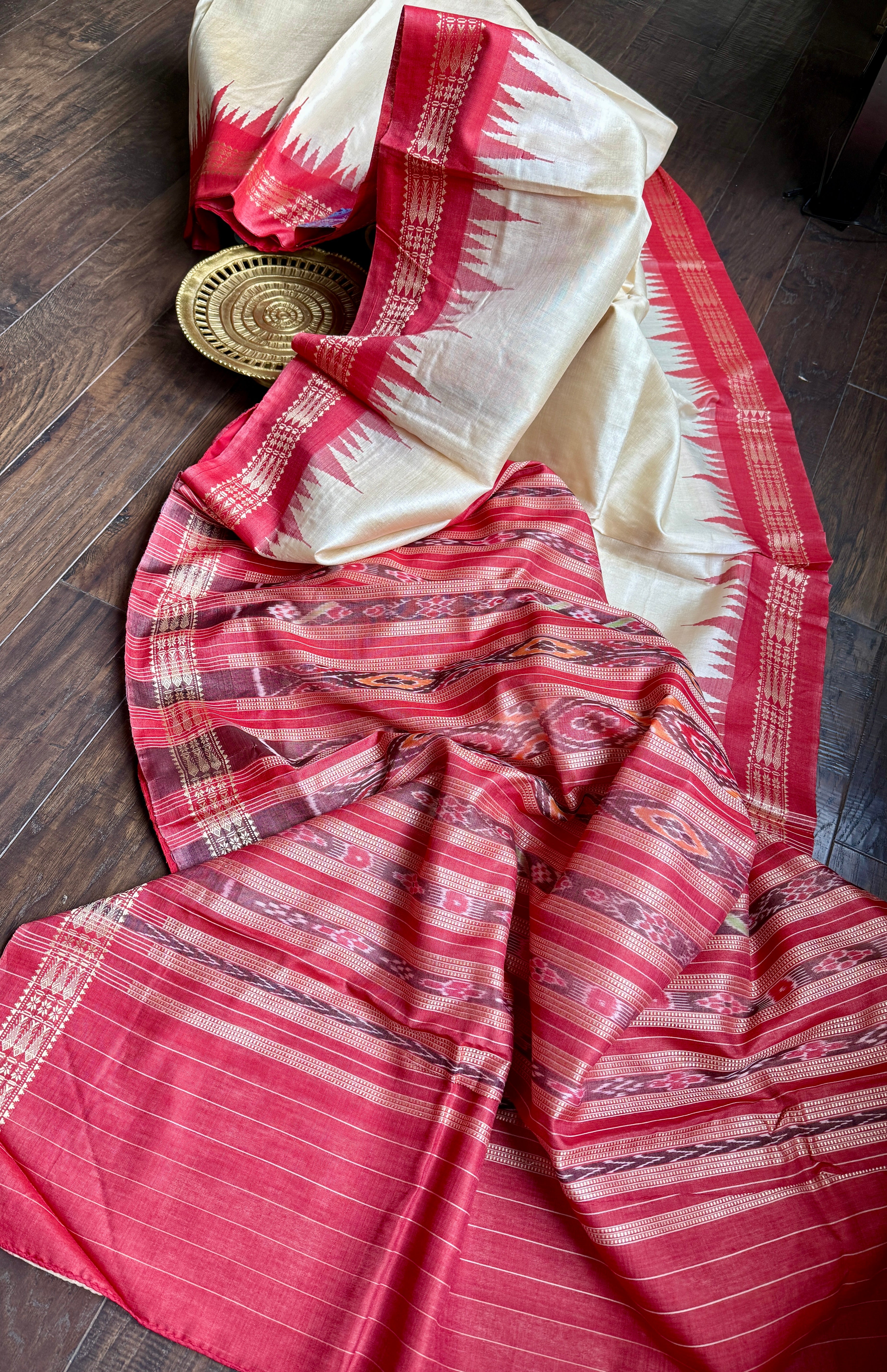 Pure Tussar Silk - Beige Red Ikat Palla
