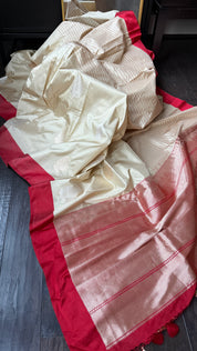 Pure Silk Katan Banarasi- Beige Tan Red Kadhua
