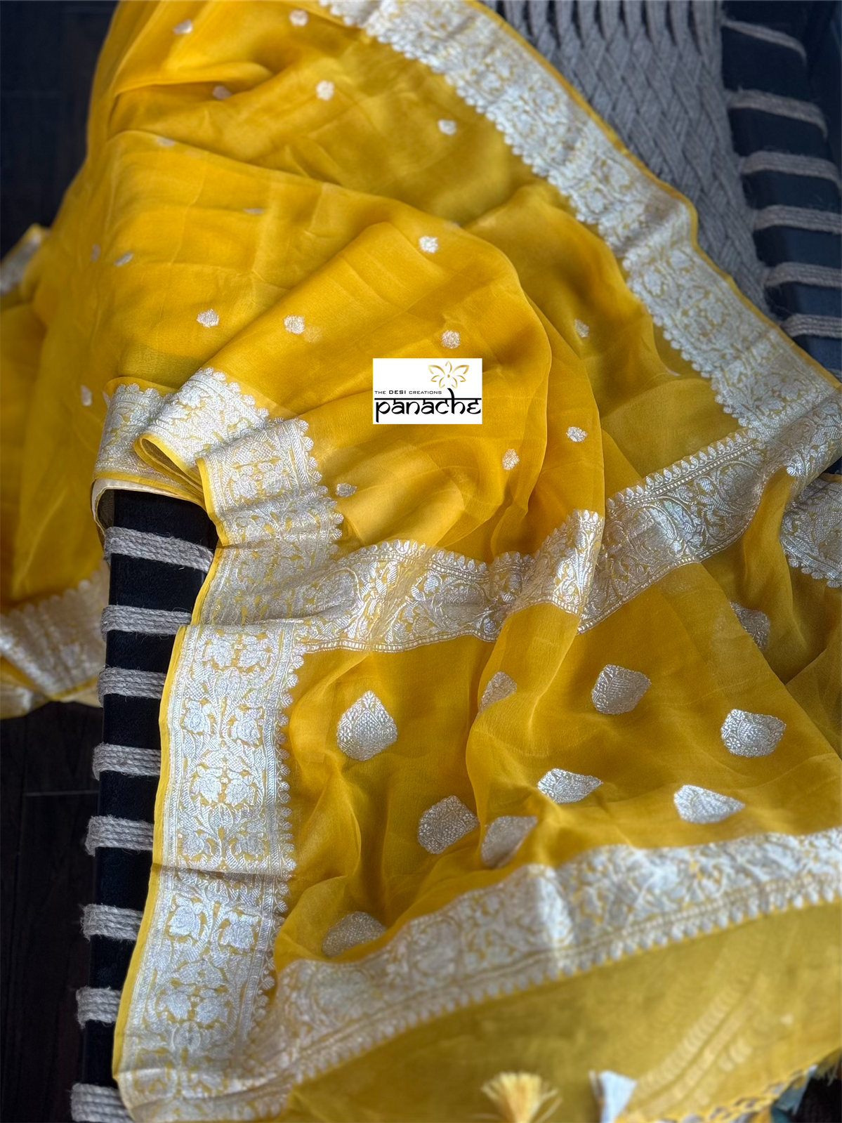 Khaddi Chiffon Kadwa Banarasi - Yellow Silver Zari