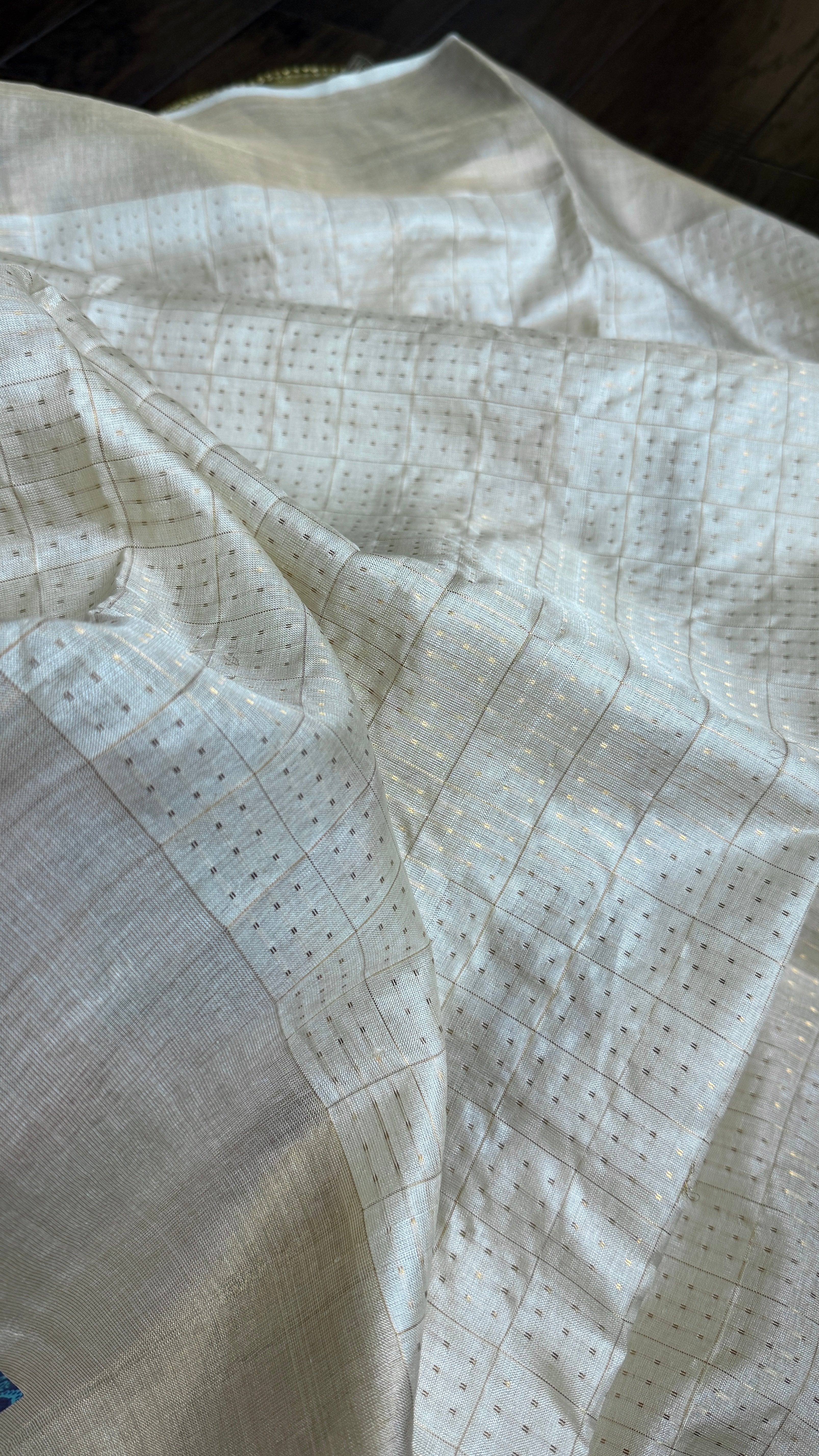 Pure Tussar Silk - Cream Beige Golden Zari Woven4