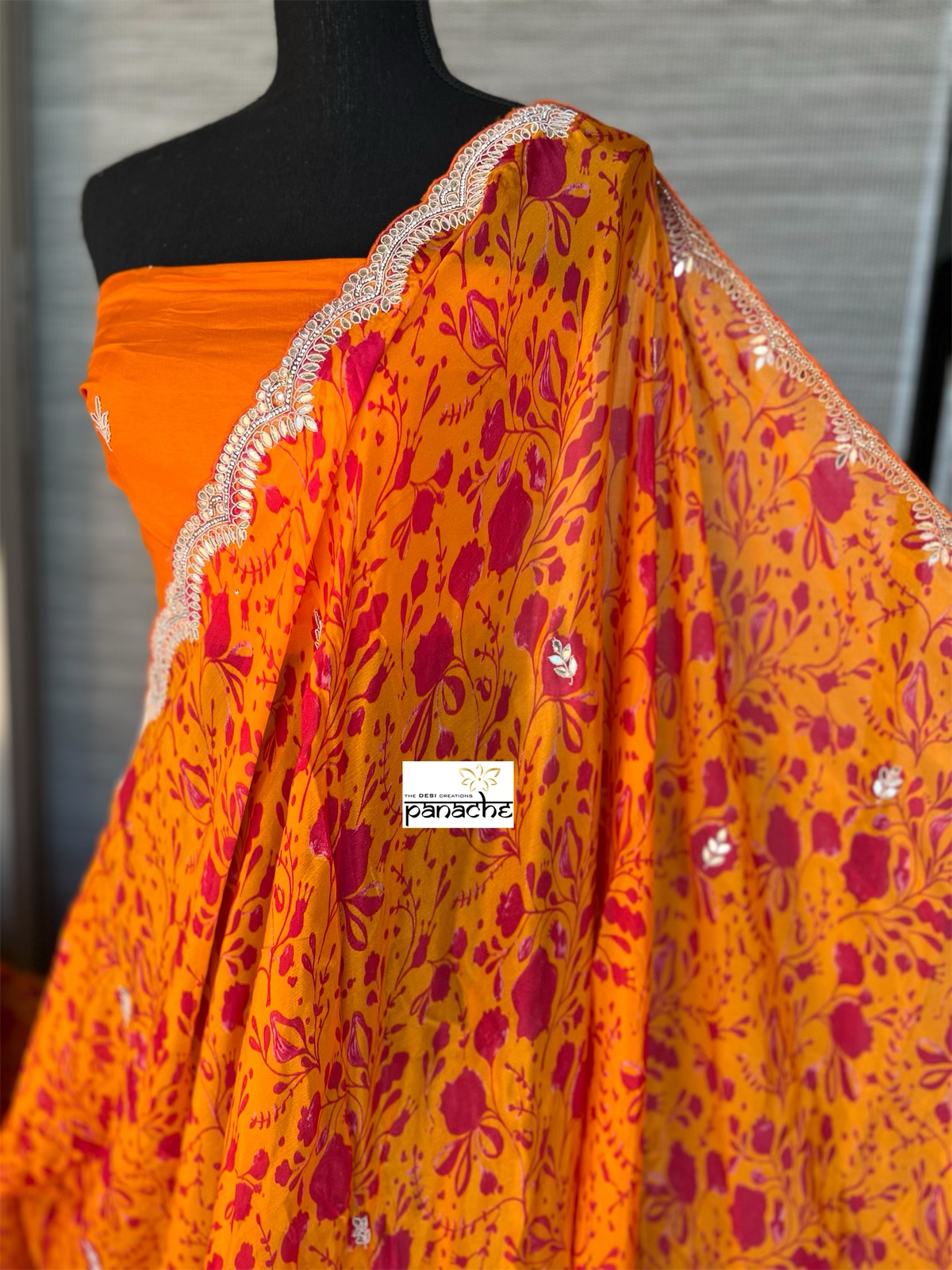 Designer Crepe Chiffon - Orange Pink