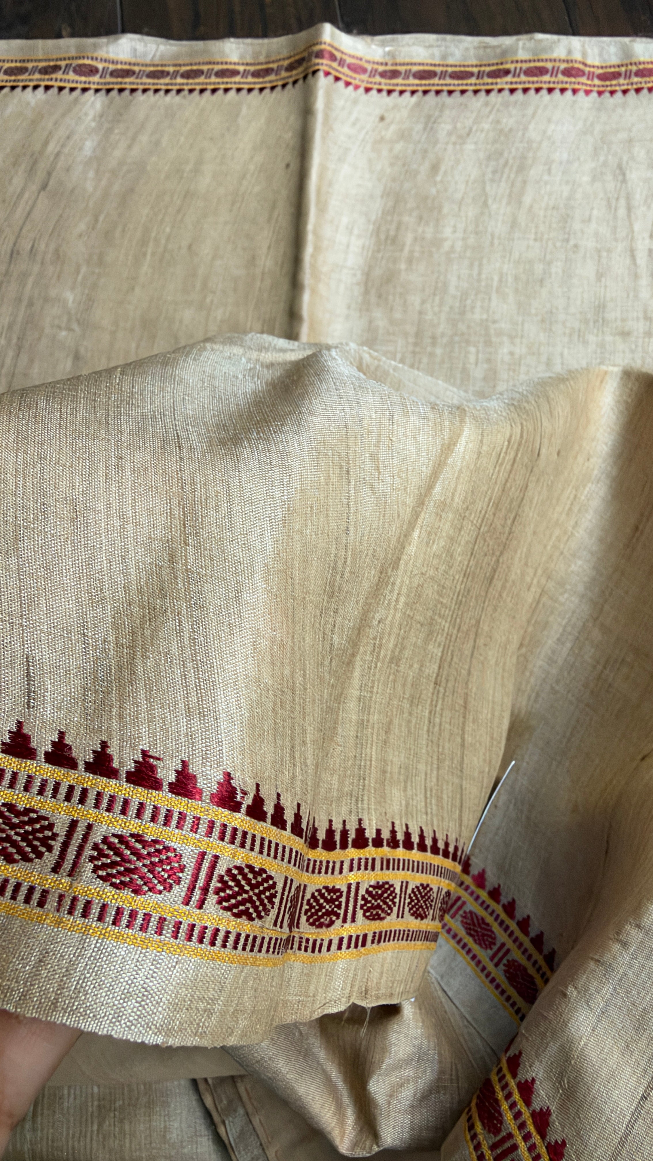 Pure Tussar Silk - Tan Beige Rudraksha Border