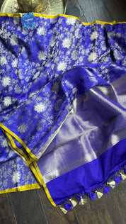 Pure Silk Katan Tissue Jaal Banarasi- Purple Blue Yellow