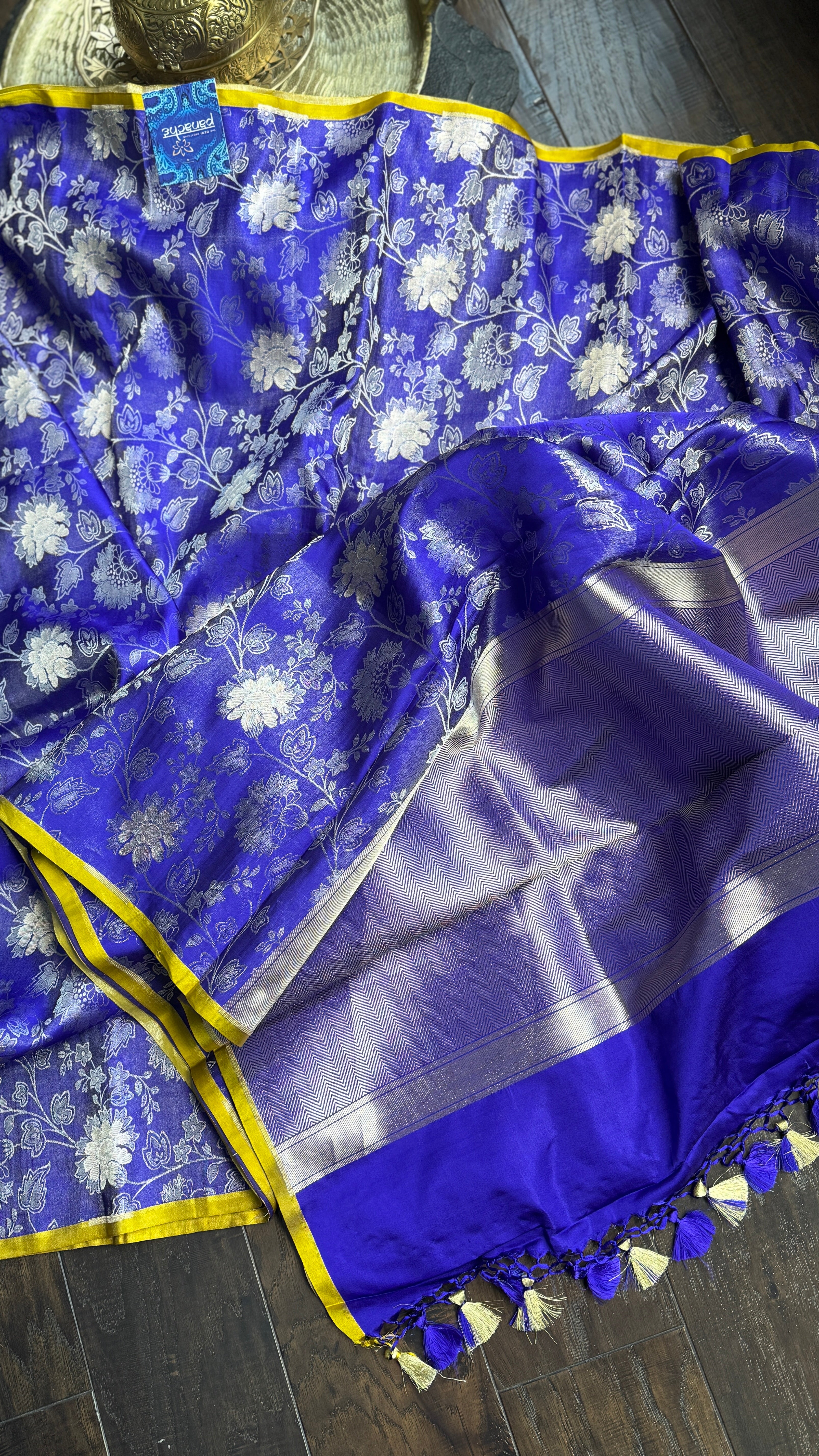 Pure Silk Katan Tissue Jaal Banarasi- Purple Blue Yellow