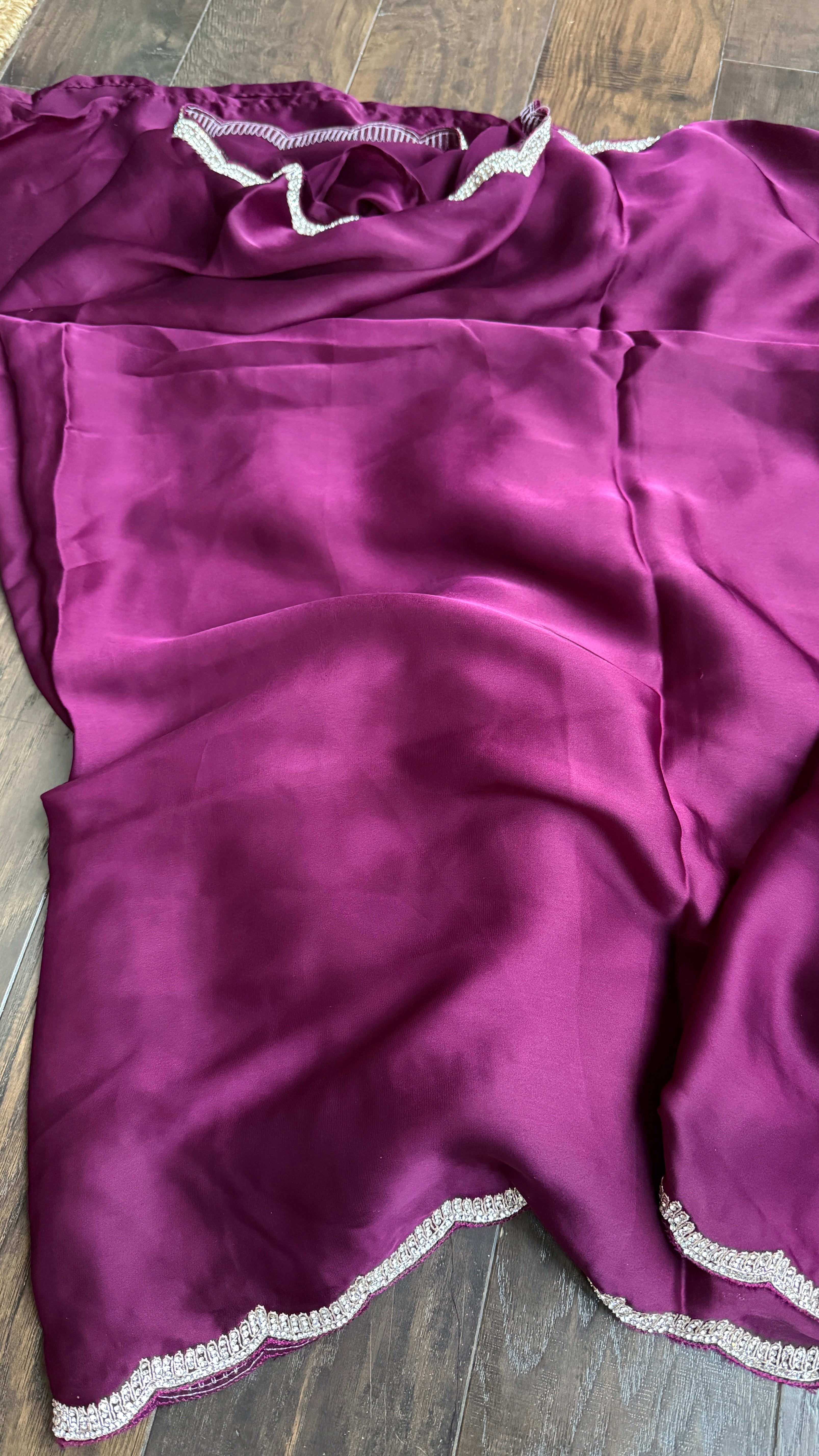 Designer Satin Silk - Wine Stone Border