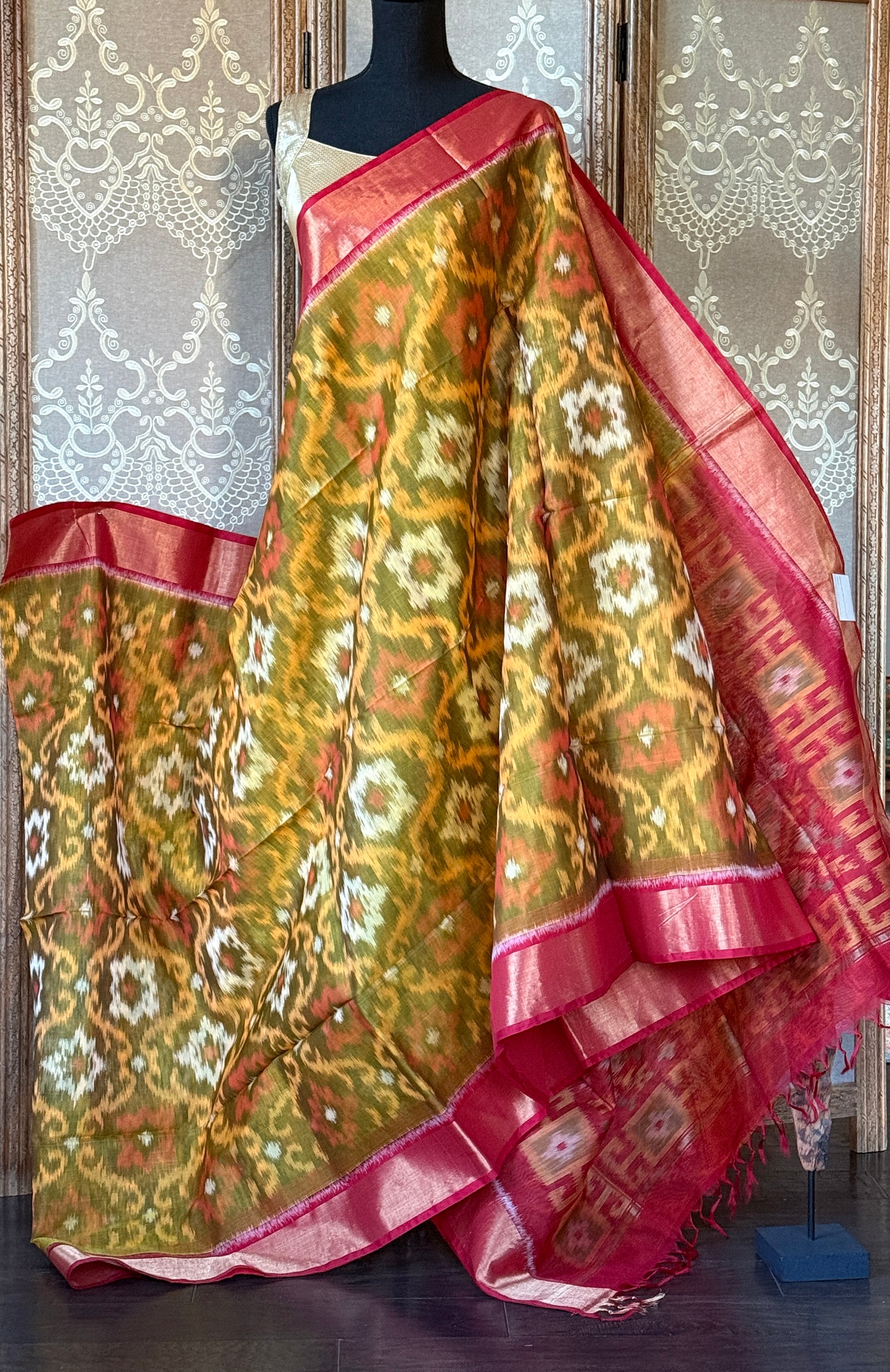 Pure Cotton Silk Ikat - Yellow Red