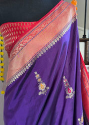 Pure Silk Katan Banarasi- Ourple Red Blue Kadhua