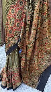 Modal Silk Ajrakh - Greenish Yellow Black Striped