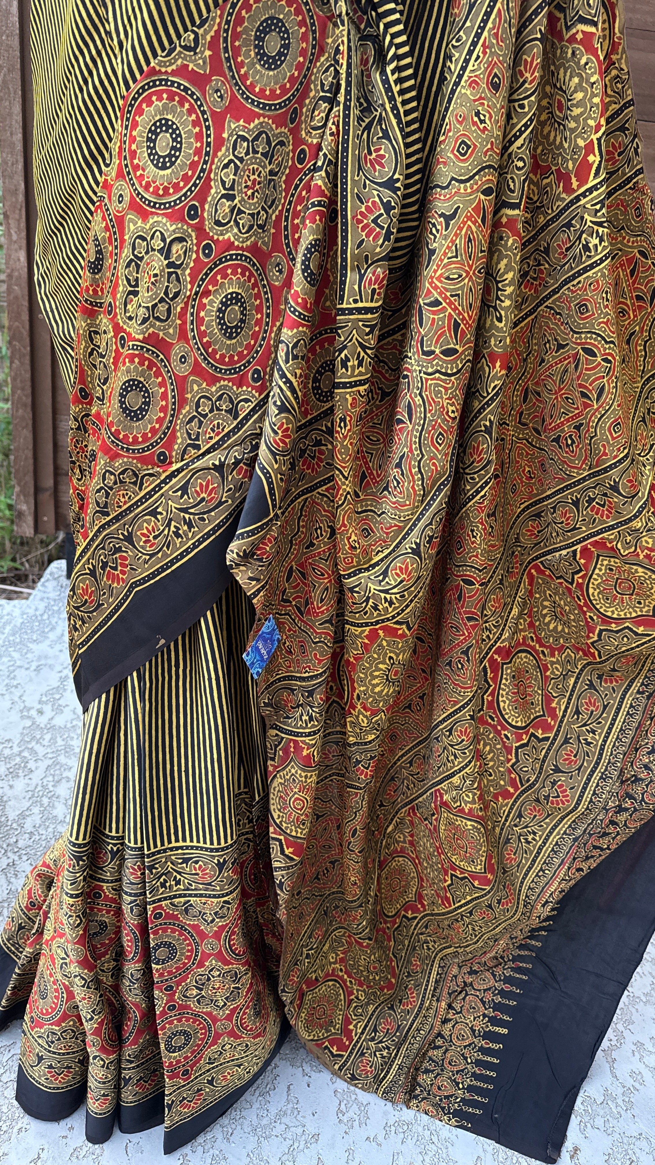 Modal Silk Ajrakh - Greenish Yellow Black Striped