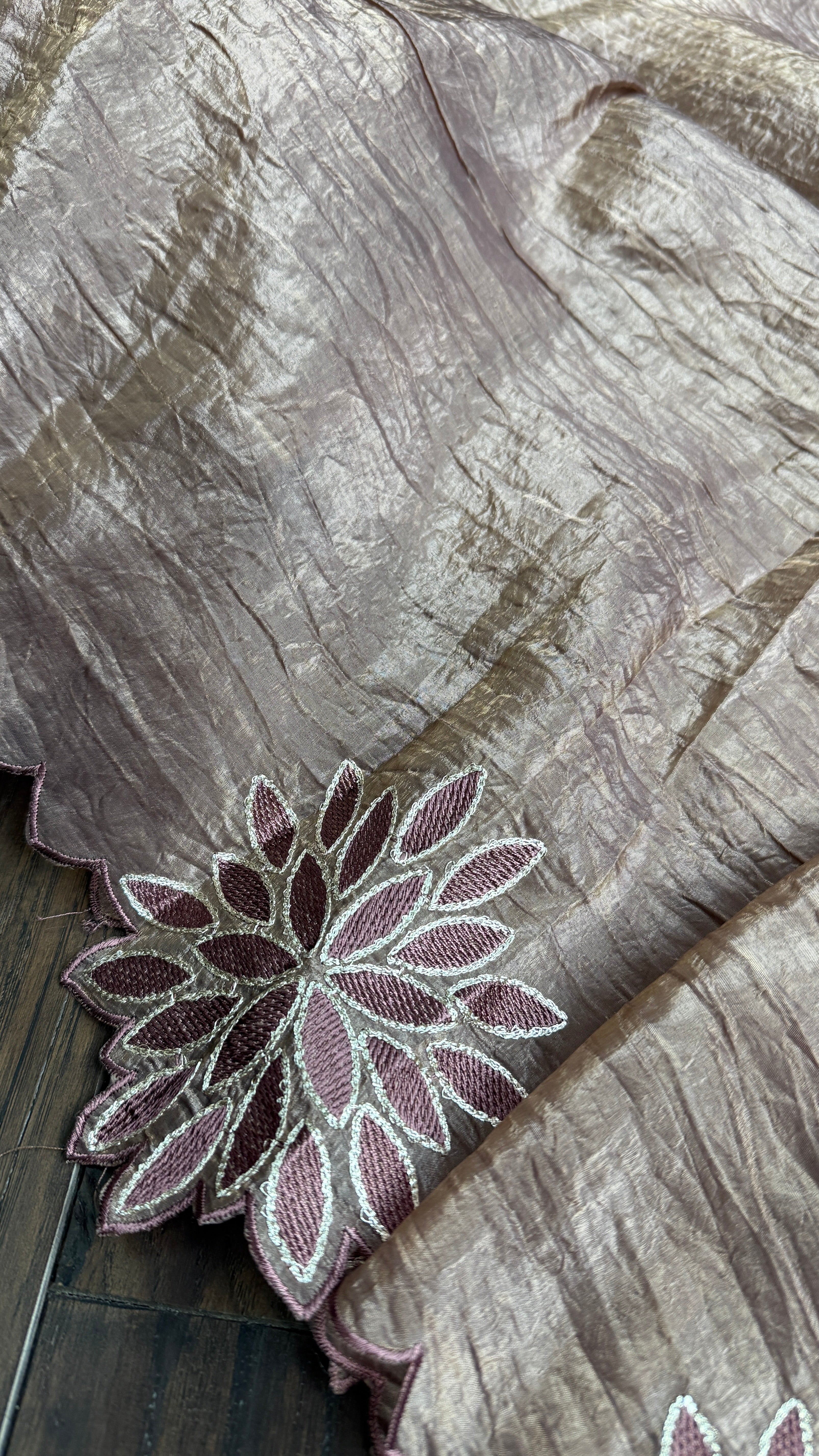 Designer Crushed Tissue Silk - Bronze Brown Appliqué Embroidered