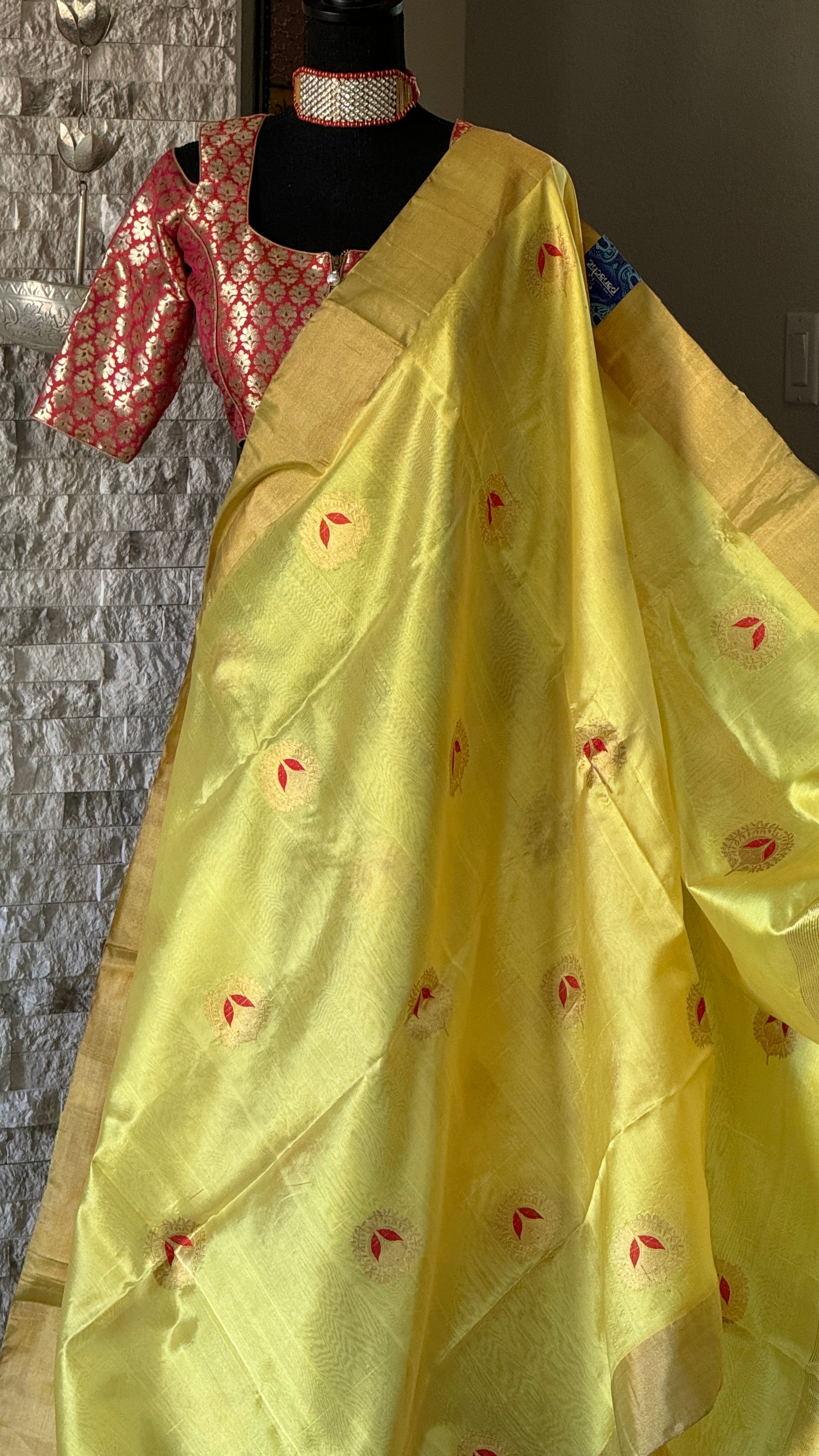 Pure Chanderi Silk - Yellow Red Eknaliya Woven