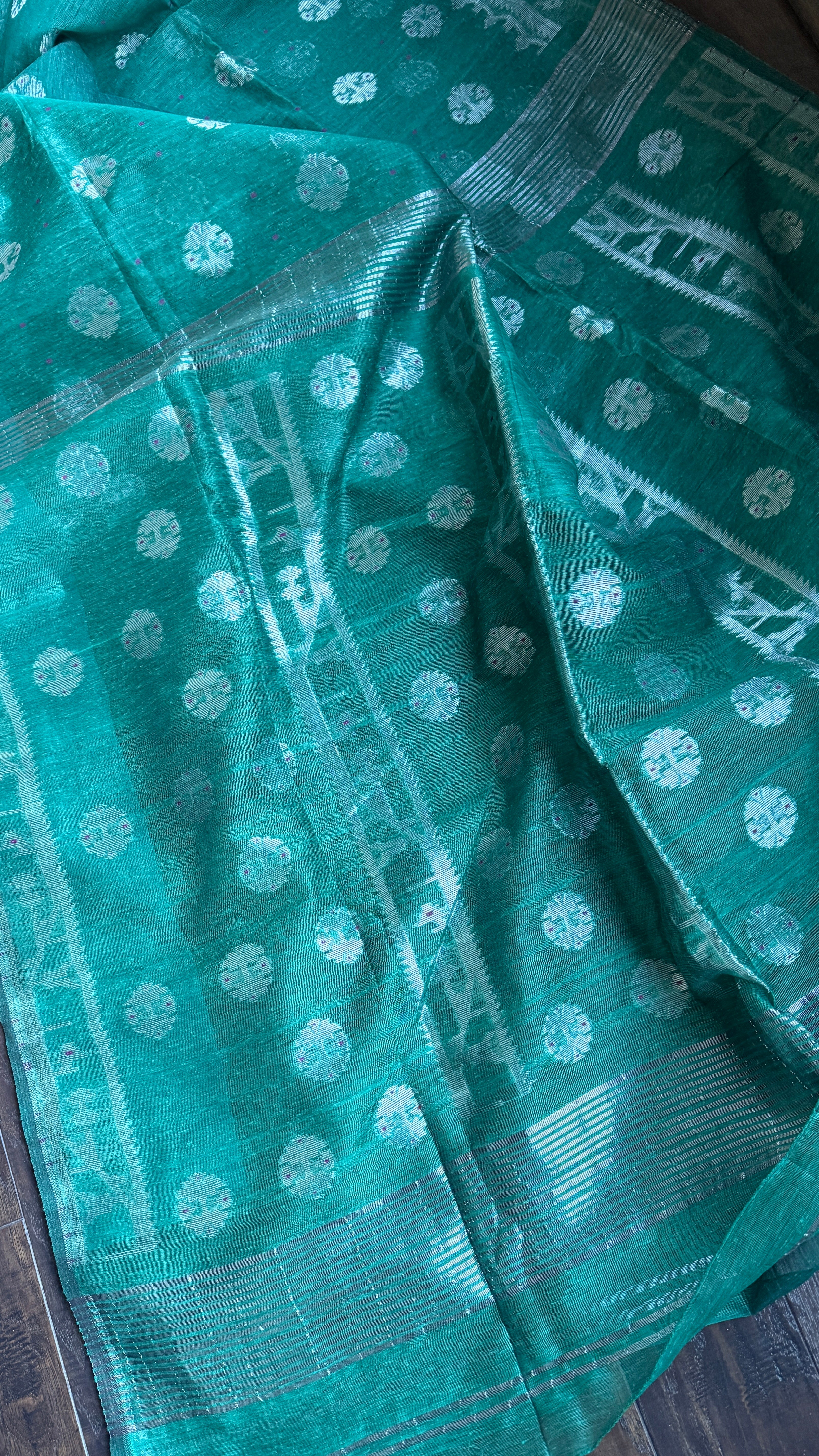Dhakai Jamdani  - Teal Green Silver Zari  Woven