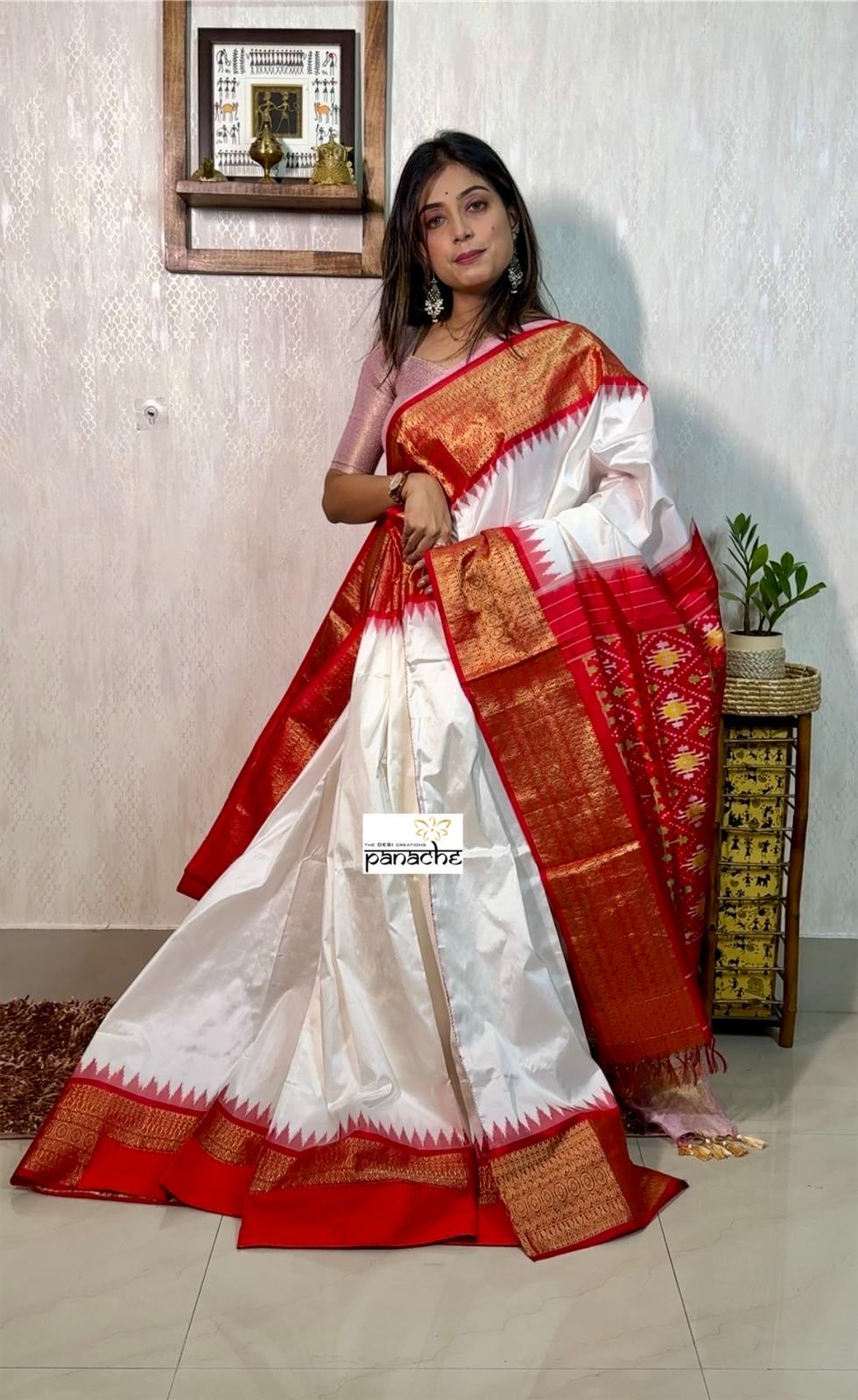 Pure Silk Kanjivaram Ikat -  White Red Pochampally