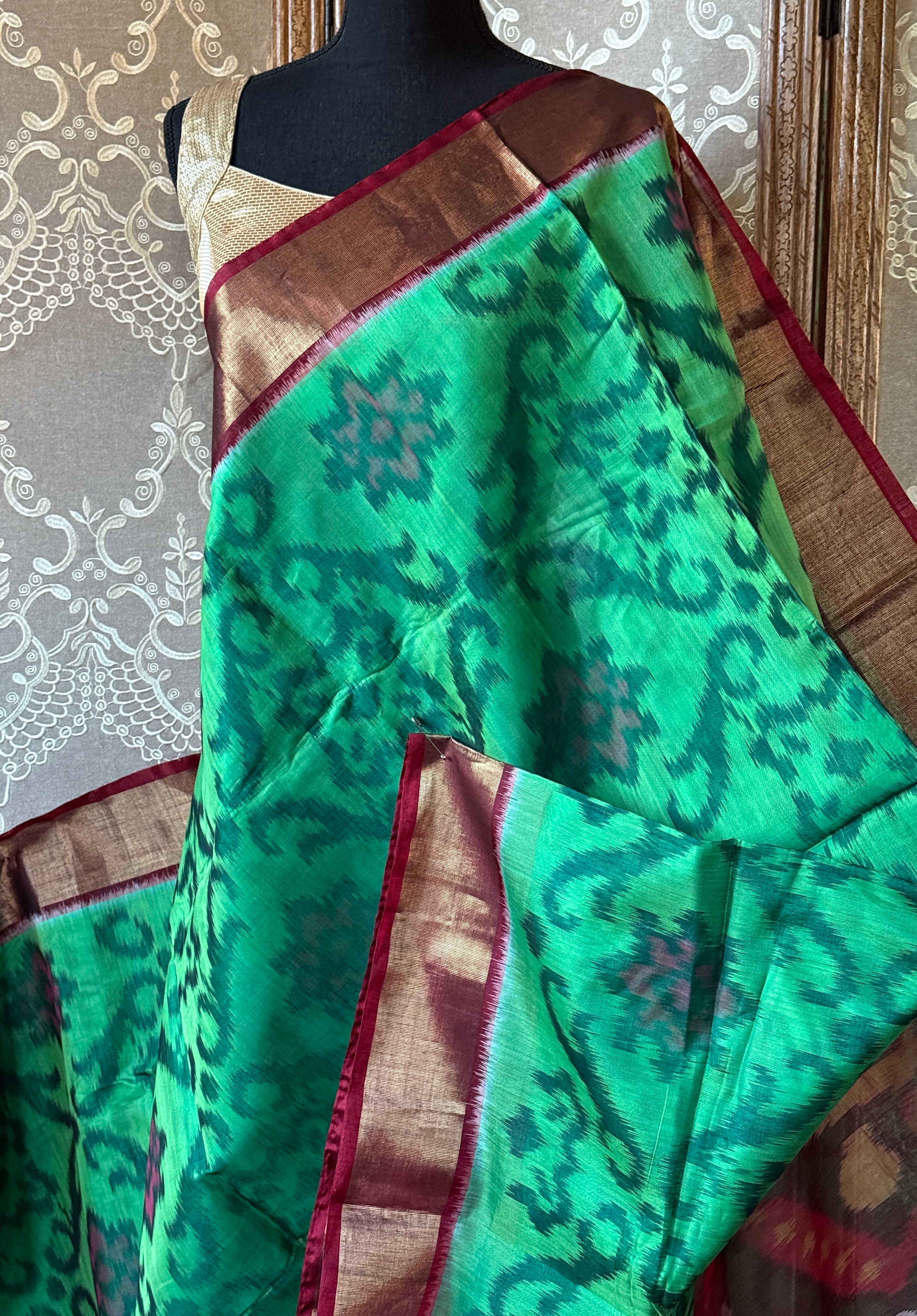 Pure Cotton Silk Ikat - Green Burgundy