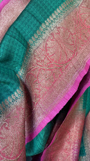 Pure Tussar Silk Banarasi - Green Pink