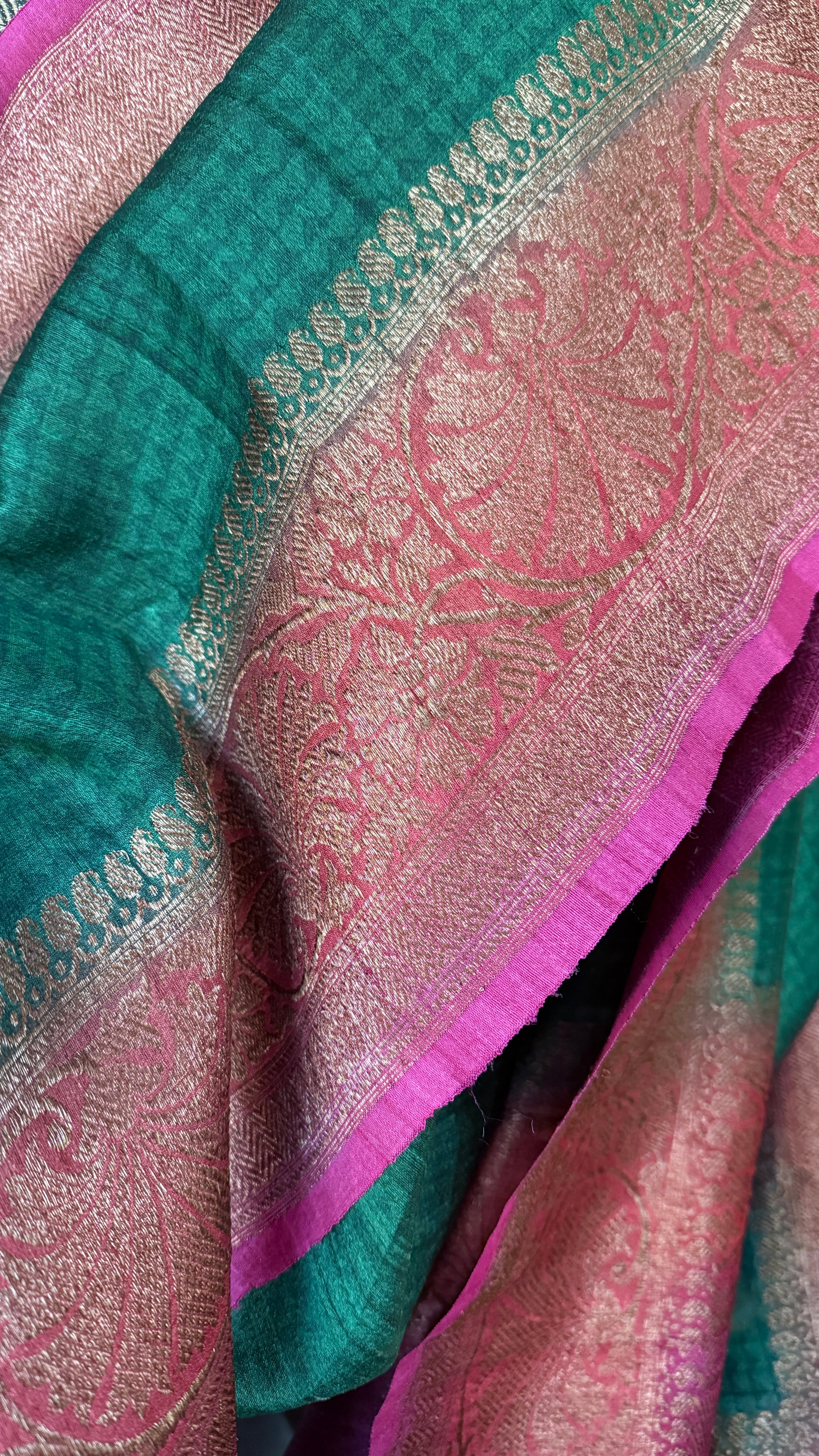 Pure Tussar Silk Banarasi - Green Pink
