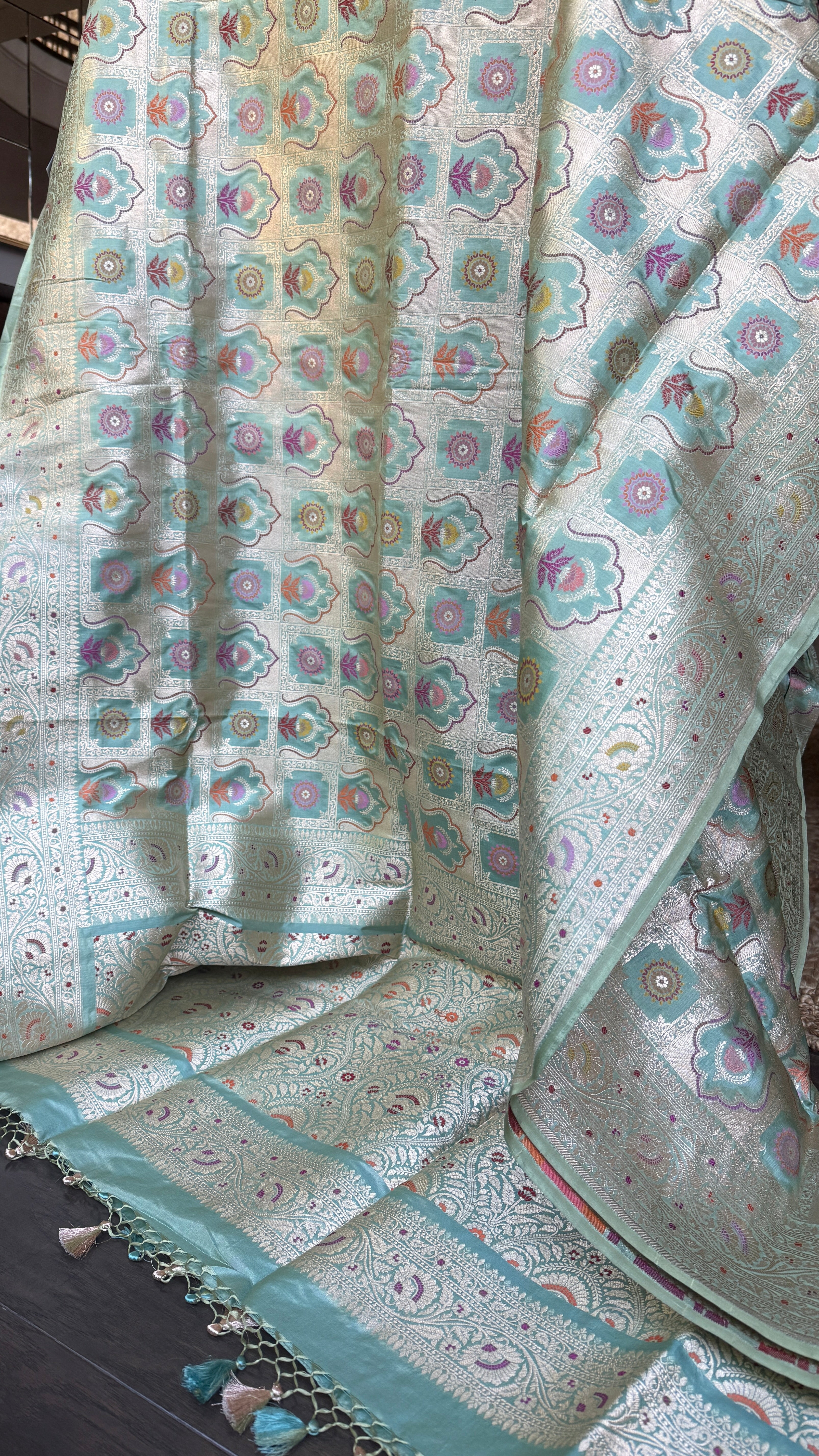 Pure Katan Silk Banarasi - Aqua Blue Multi Meenakari