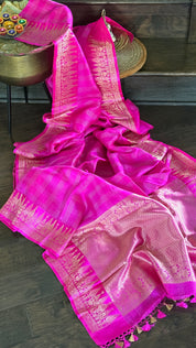 Pure Katan Silk Banarasi - Pink Checkered