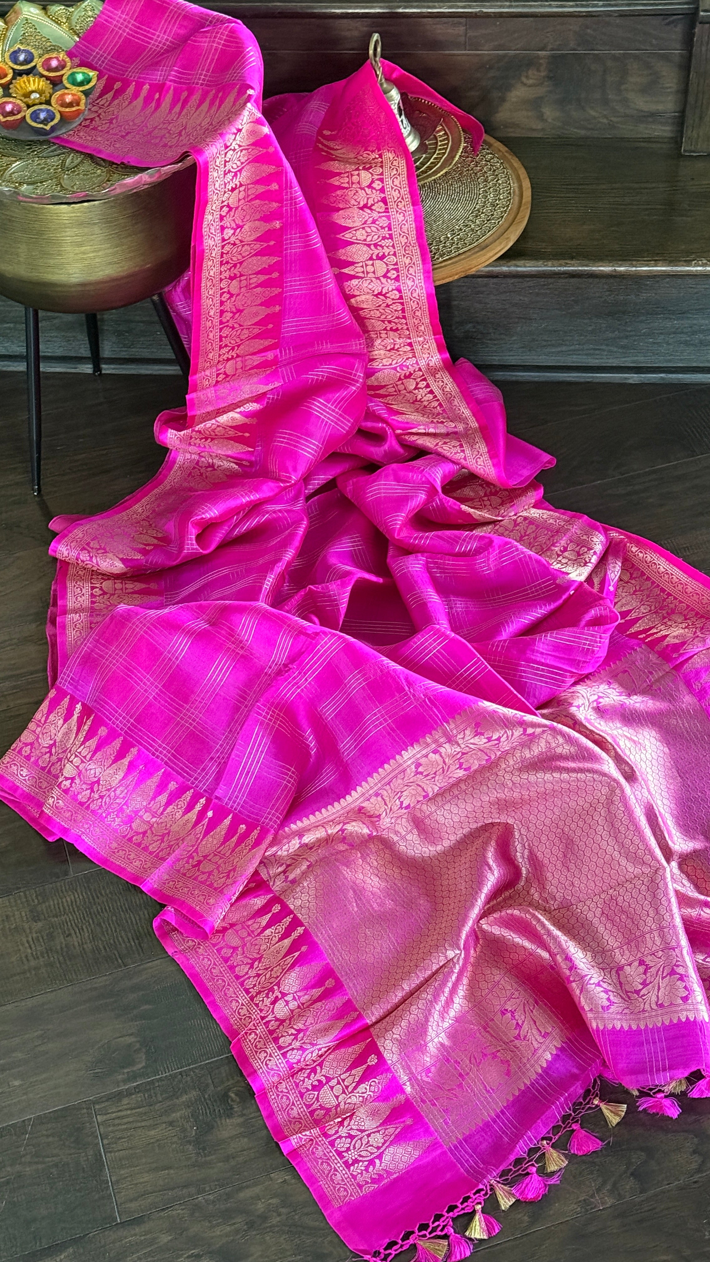 Pure Katan Silk Banarasi - Pink Checkered