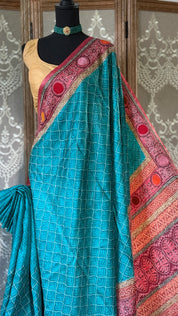 Kantha Stitch Printed Tussar Silk - Firozi Blue