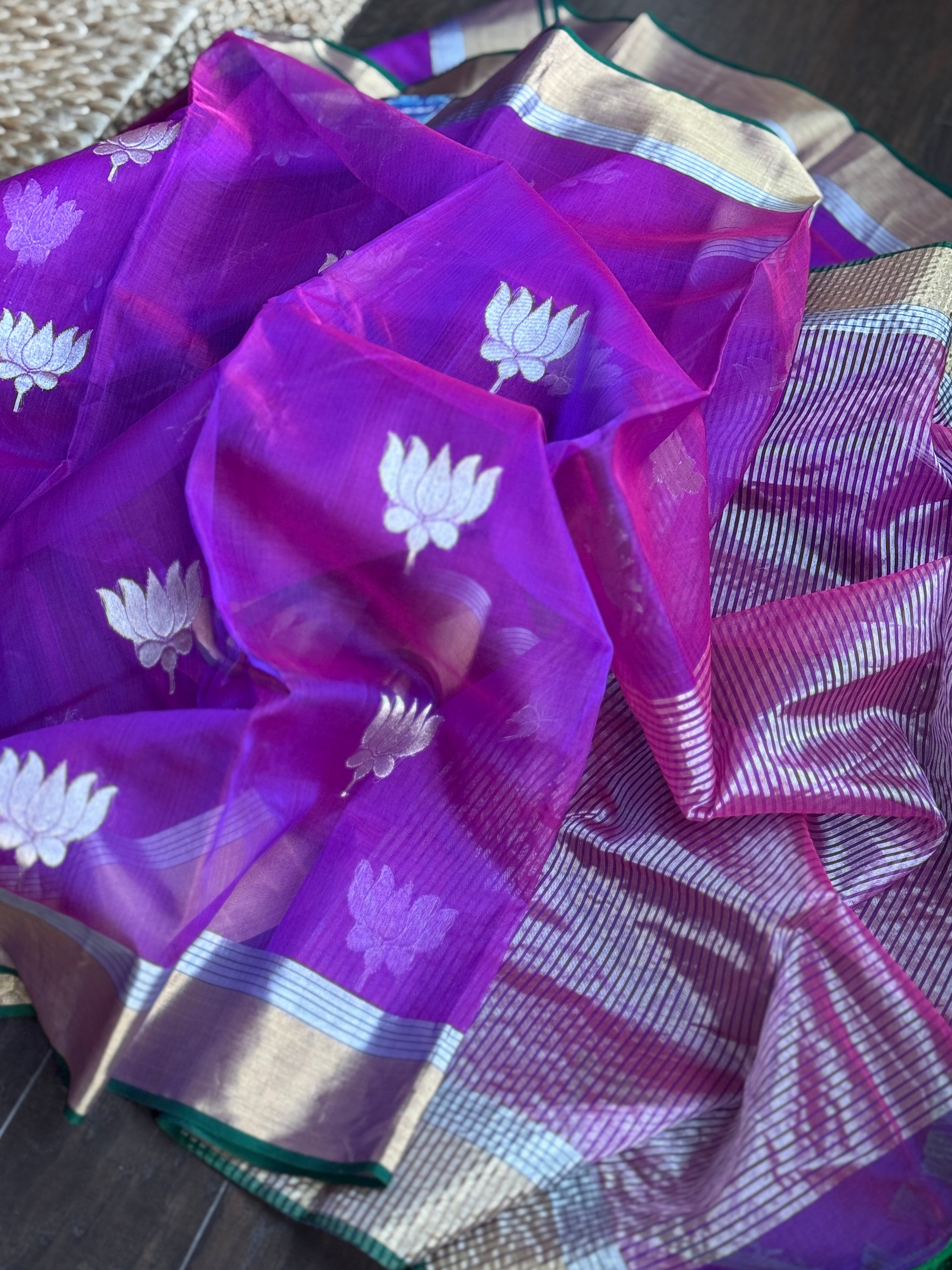 Pure Chanderi Organza Silk - Purple Green Lotus