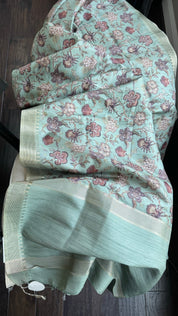 Designer Tussar Floral - Mint Green