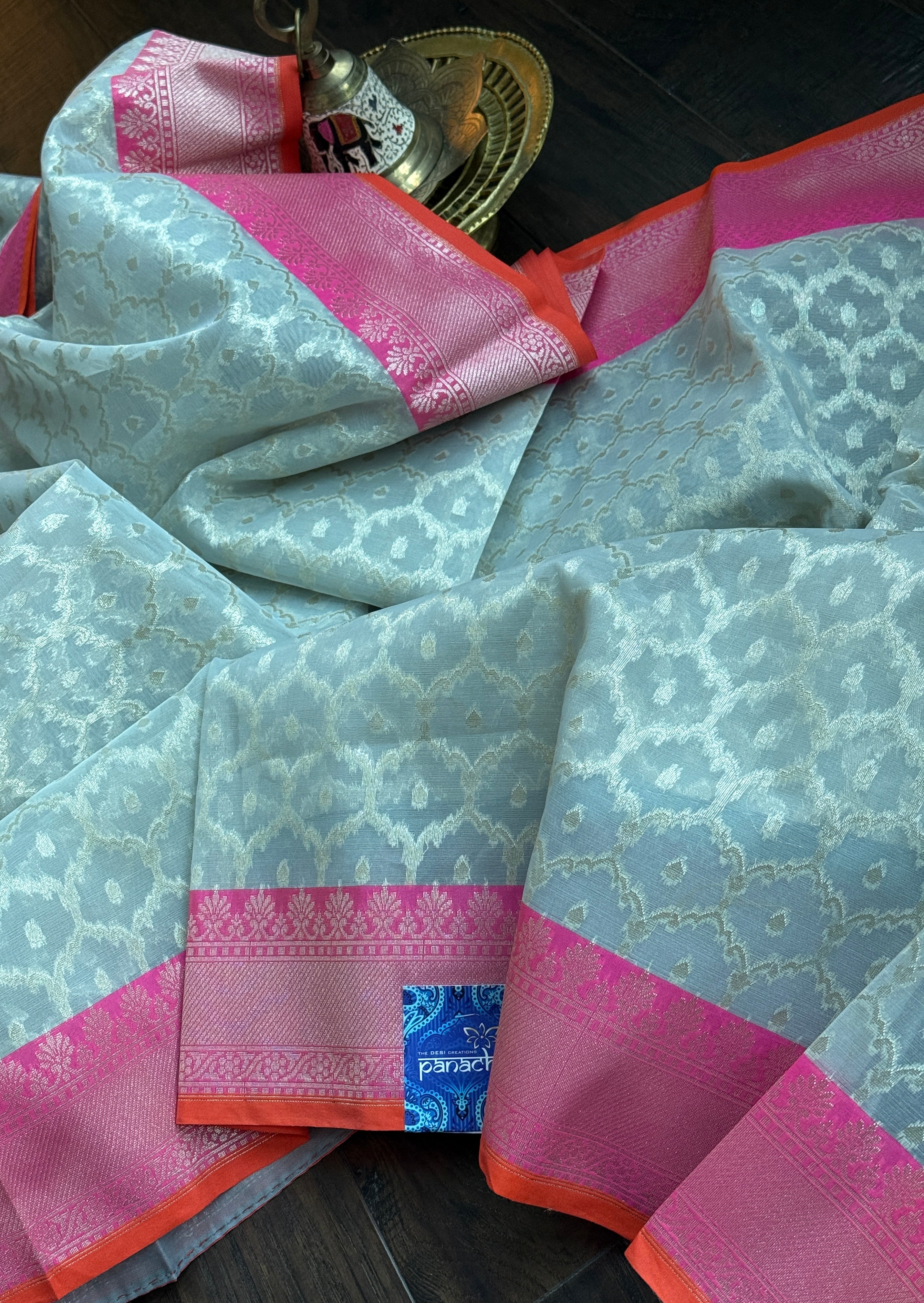 Kora Silk Banaras Chanderi - Grey Pink