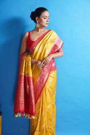 Pure Silk Katan Banarasi- Yellow Red Kadhua