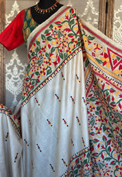 Pure Tussar Silk Kantha Stitch -  Beige Multi color