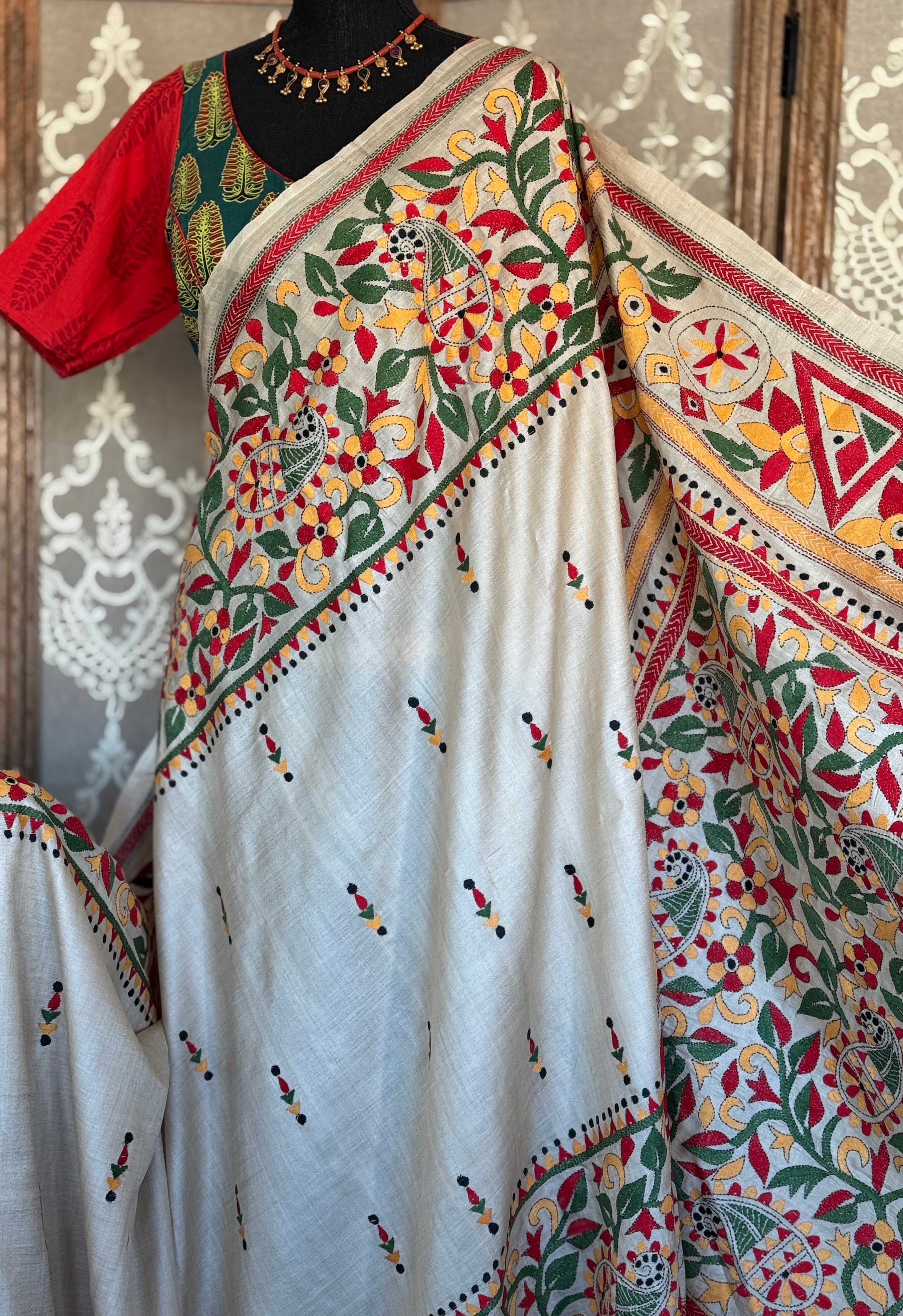 Pure Tussar Silk Kantha Stitch -  Beige Multi color