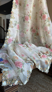 Designer Organza Floral - Cream Hand-embroidered Border