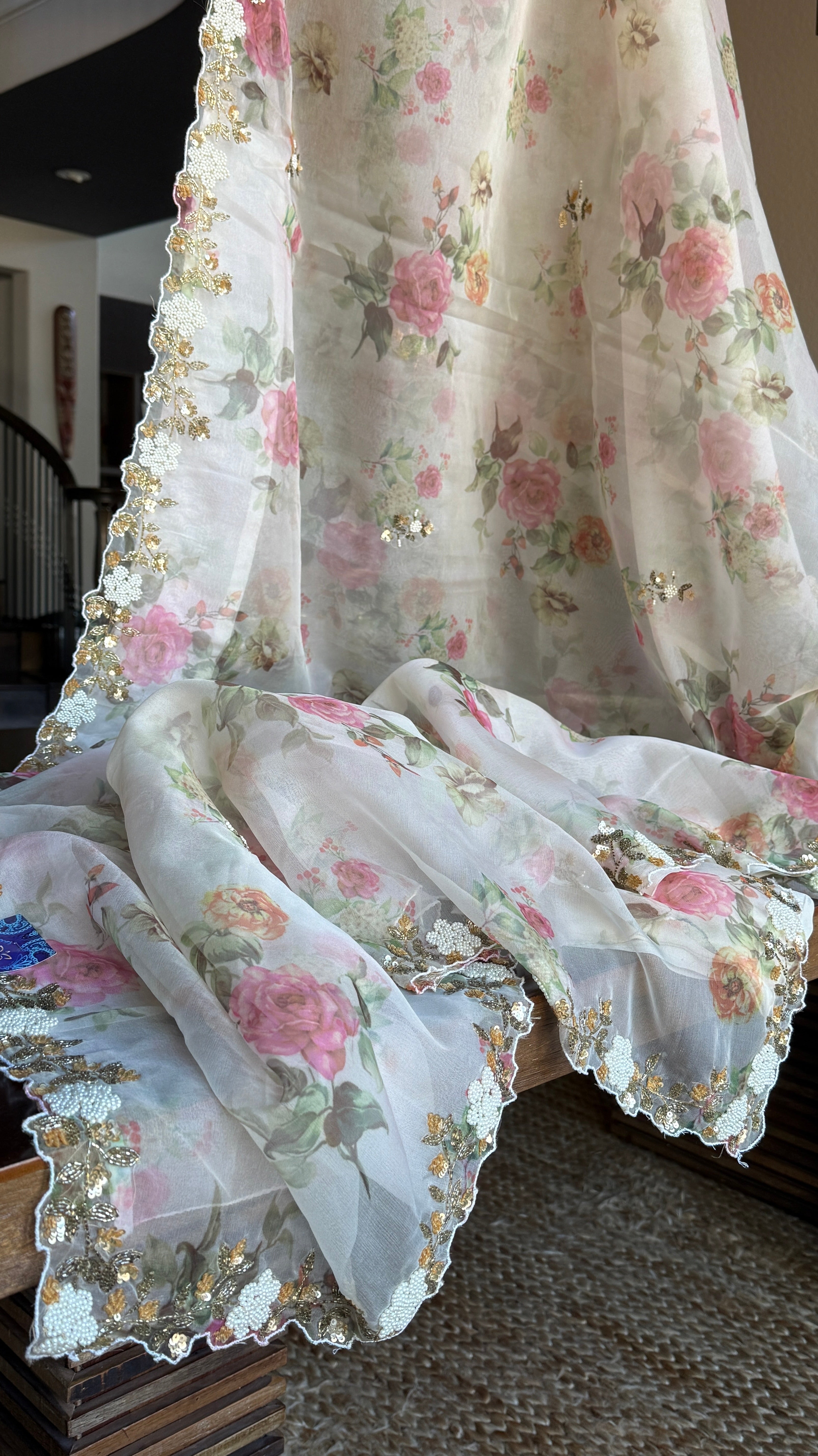 Designer Organza Floral - Cream Hand-embroidered Border