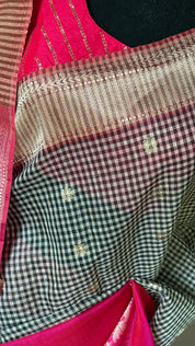 Kora Linen Silk Banarsi - Black White Checks Pink